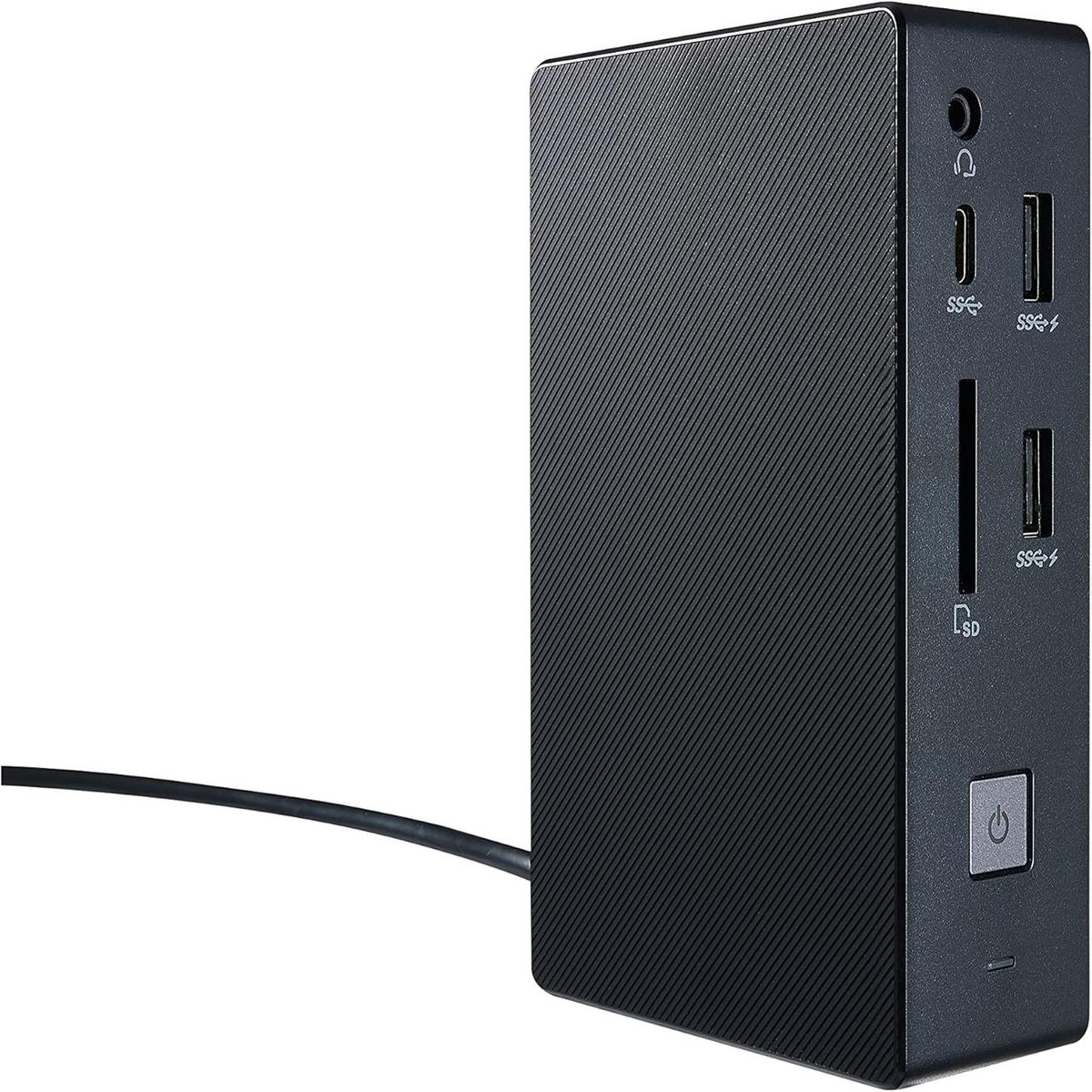 Docking station nera con USB, slot per schede SD, jack audio e pulsante di accensione.