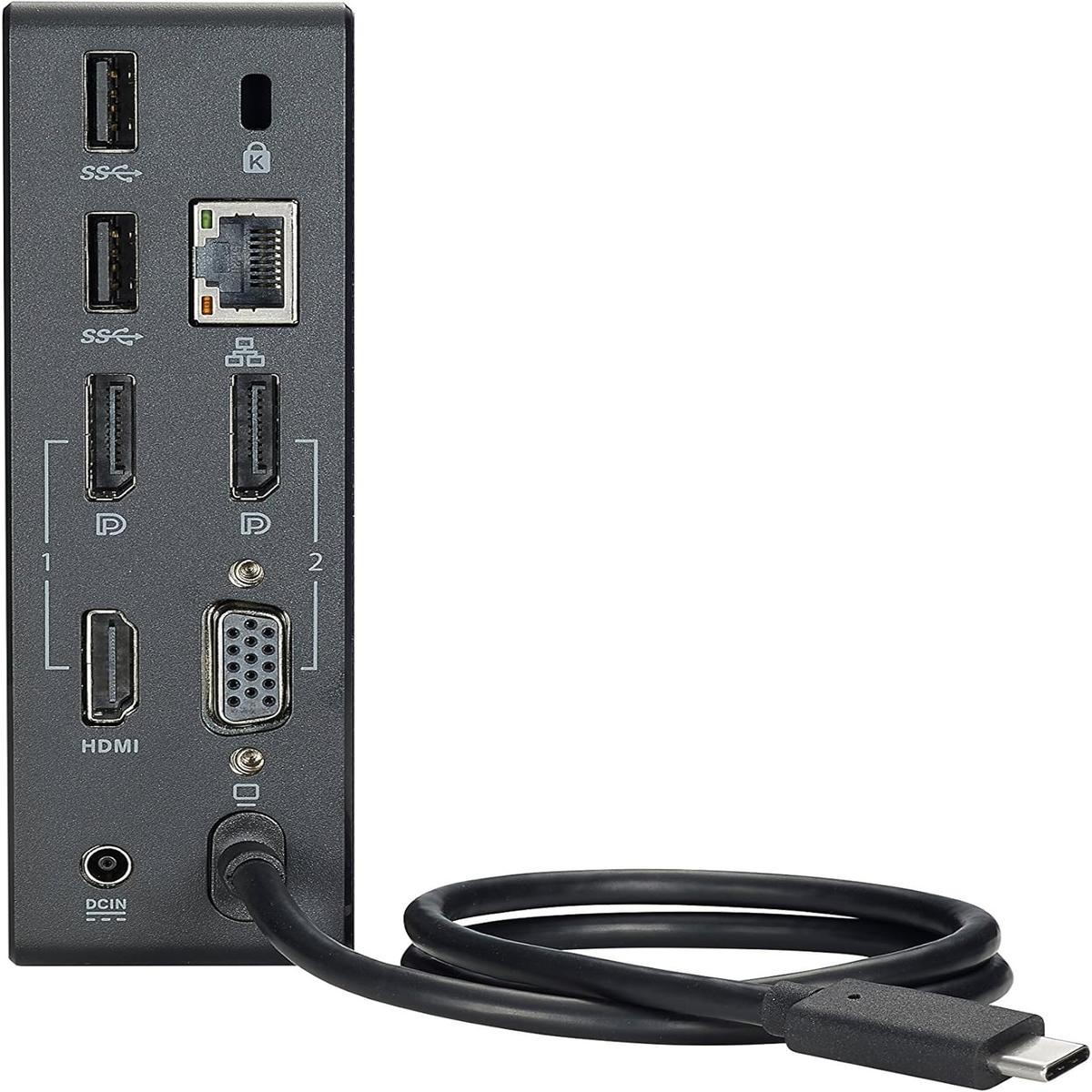 Hub USB-C nero con porte multiple: USB-A, HDMI, DisplayPort, VGA, Ethernet, DC-in.