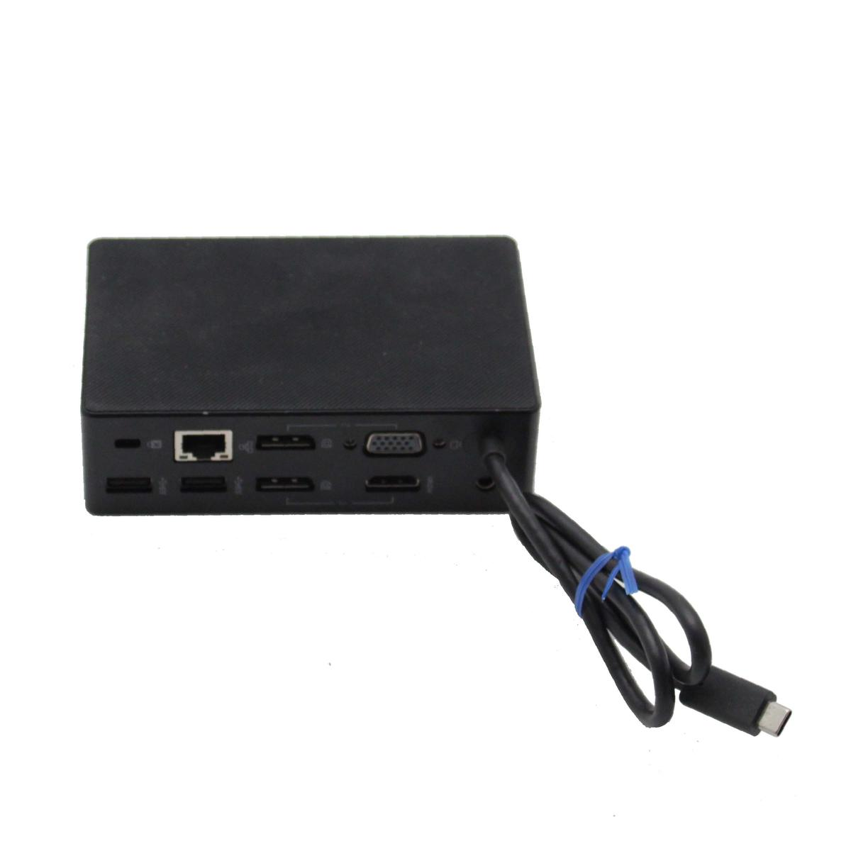 Una docking station nera con porte USB, HDMI, VGA e un cavo USB-C.