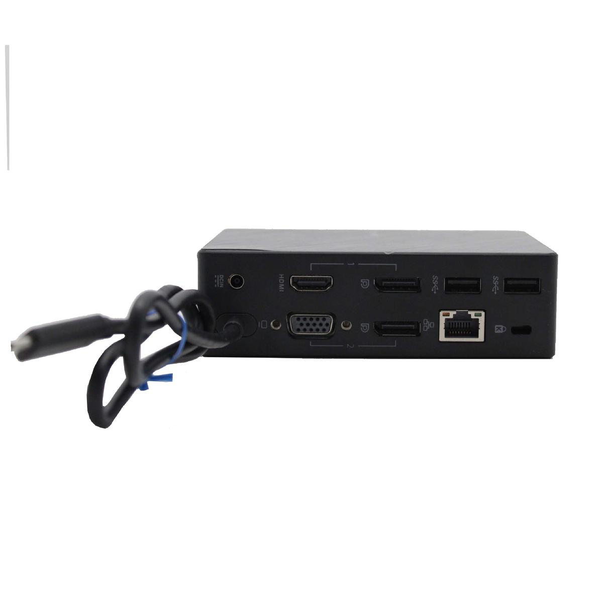 Docking station nera con porte DCIN, HDMI, VGA, USB ed Ethernet. Cavo collegato.