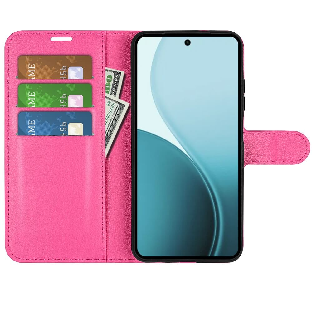 Un étui portefeuille rose pour téléphone contient cartes et argent. L'écran du téléphone affiche une courbe bleue.