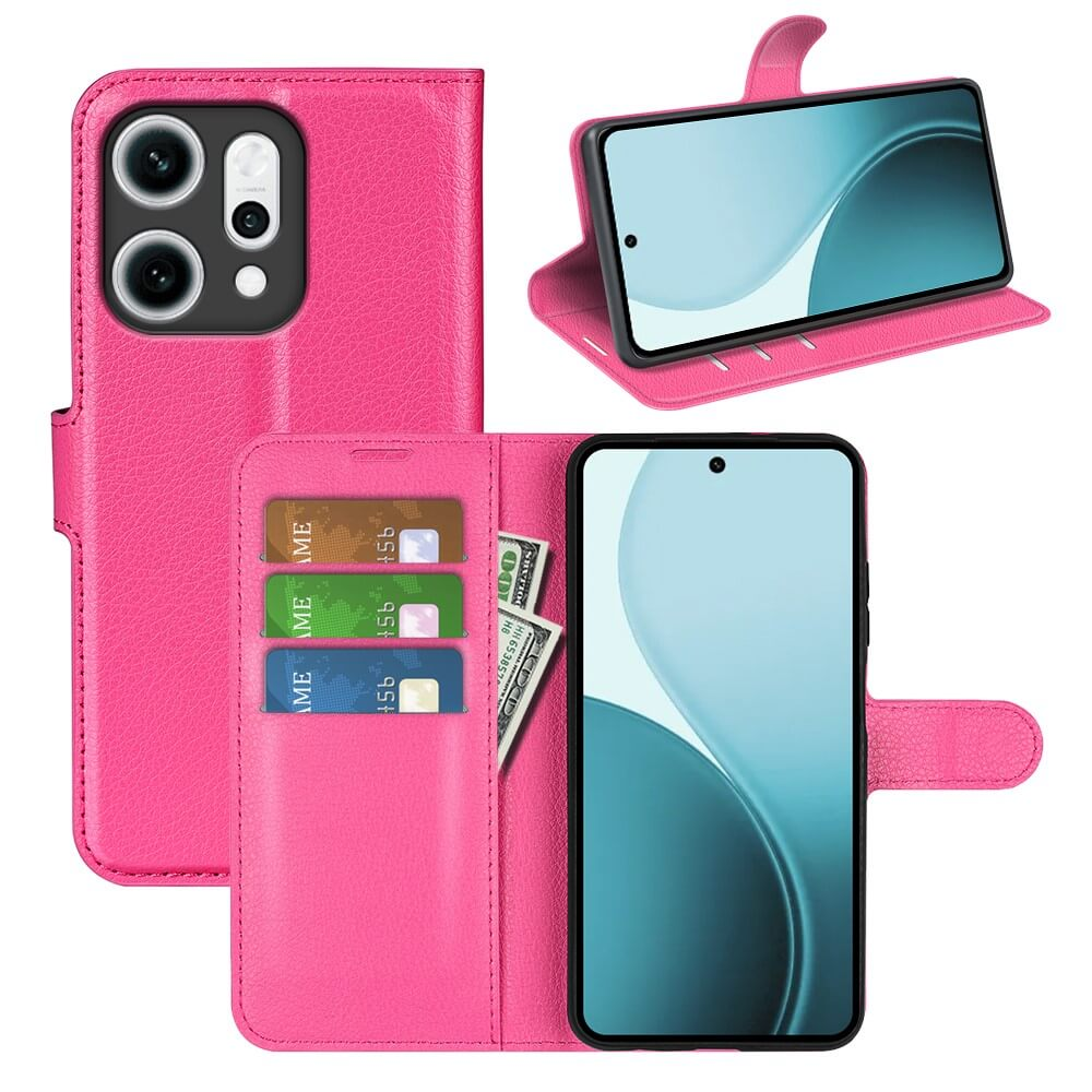 Étui portefeuille en cuir rose avec téléphone, cartes et argent. Ouvert, avec emplacement téléphone.
