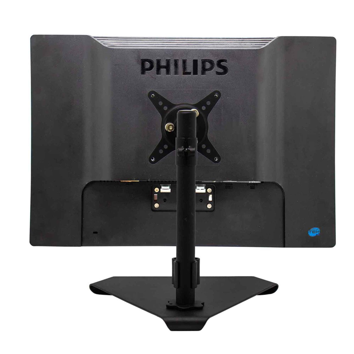 Retro di un monitor Philips nero su supporto, con porte e attacco.