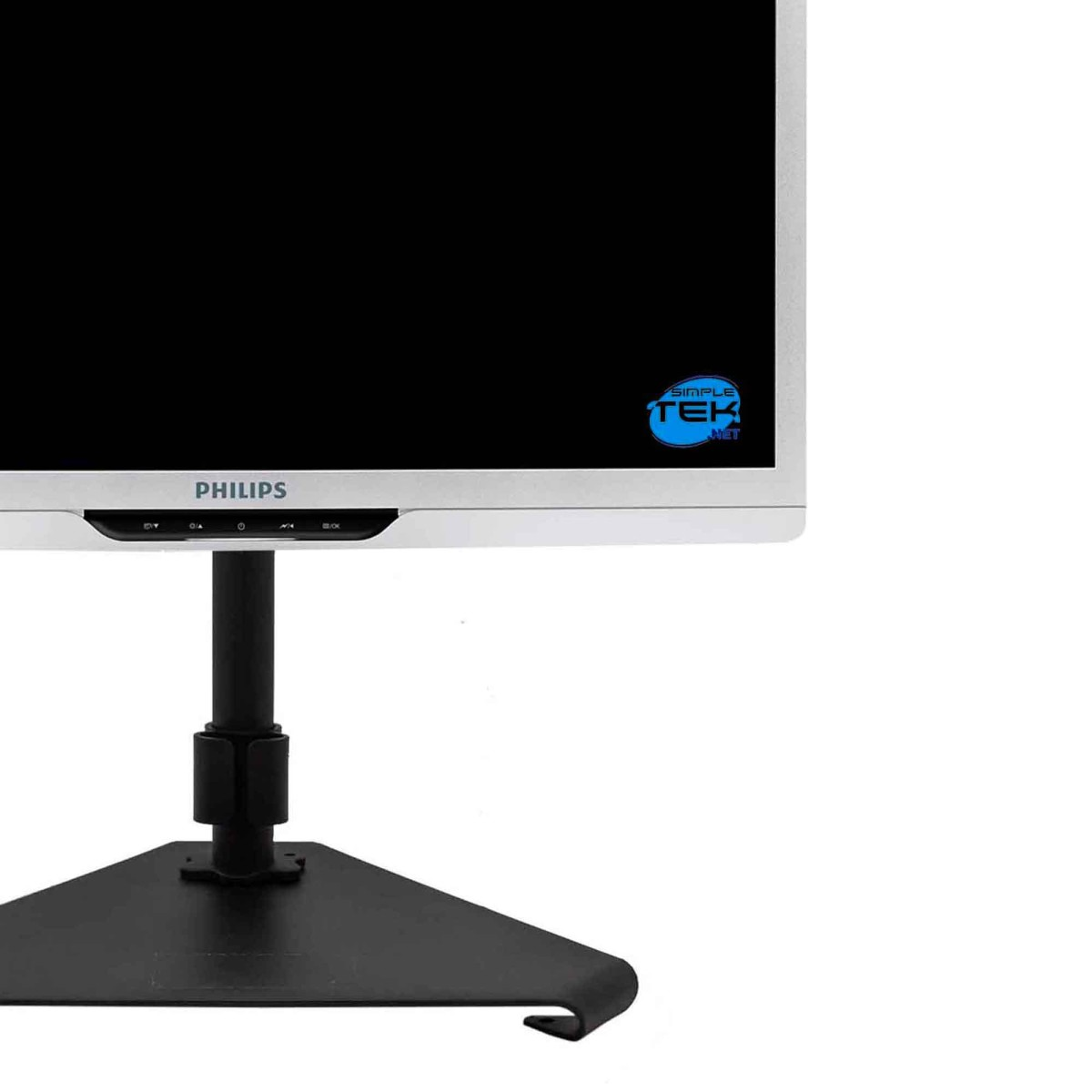 Un monitor Philips argentato con schermo nero su supporto nero.