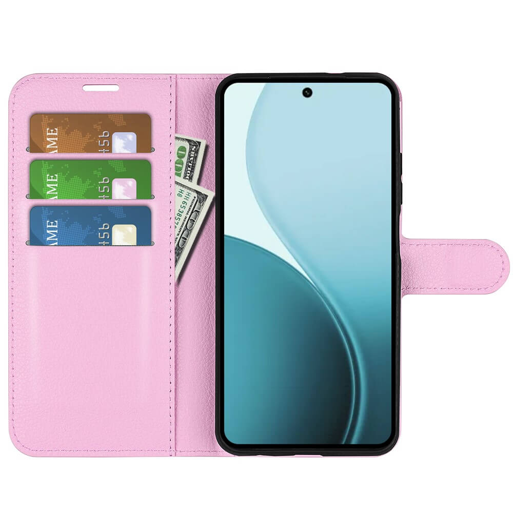 Étui portefeuille rose avec téléphone, cartes et argent. Vue ouverte.