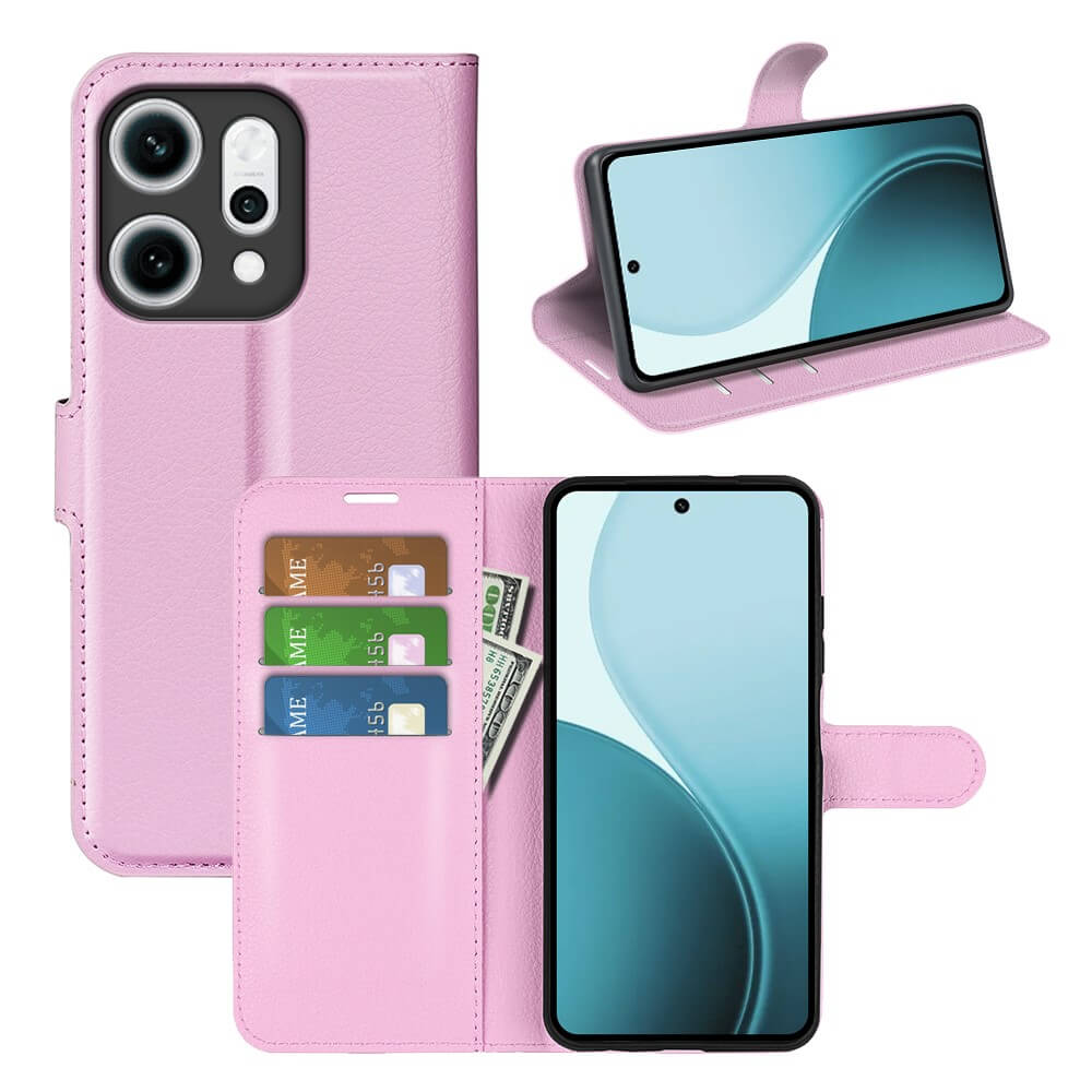 Étui portefeuille rose pour téléphone avec cartes de crédit, argent liquide et un téléphone. Un téléphone est sur pied.