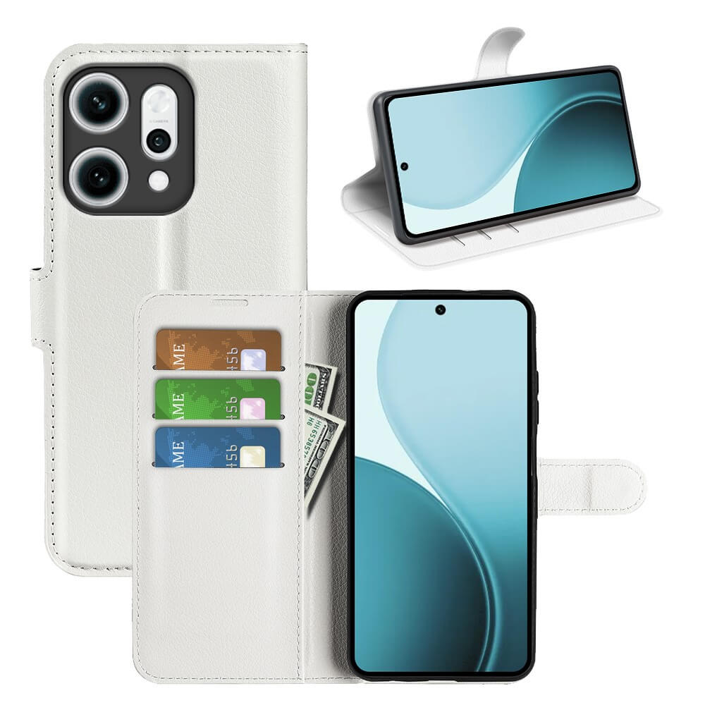 Étui portefeuille en cuir blanc avec cartes et argent. Téléphone montré séparément.