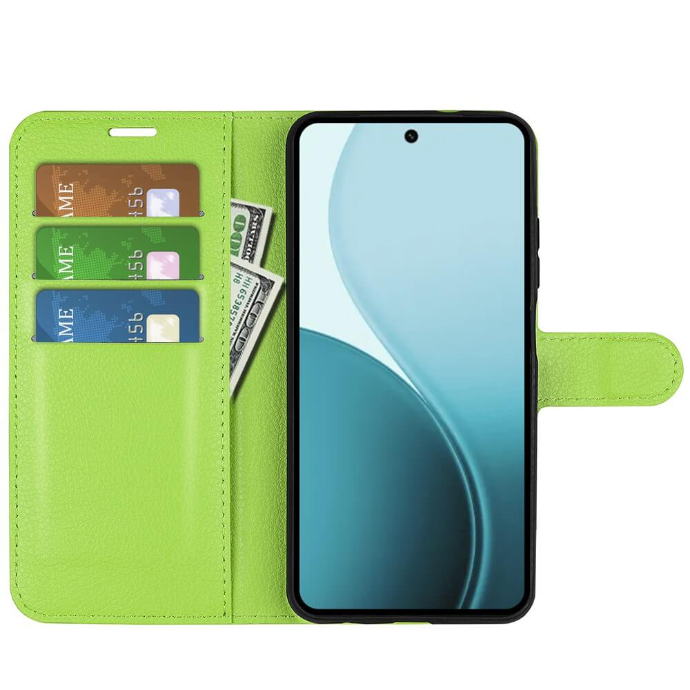 Un étui portefeuille vert vif avec téléphone, cartes de crédit et argent.