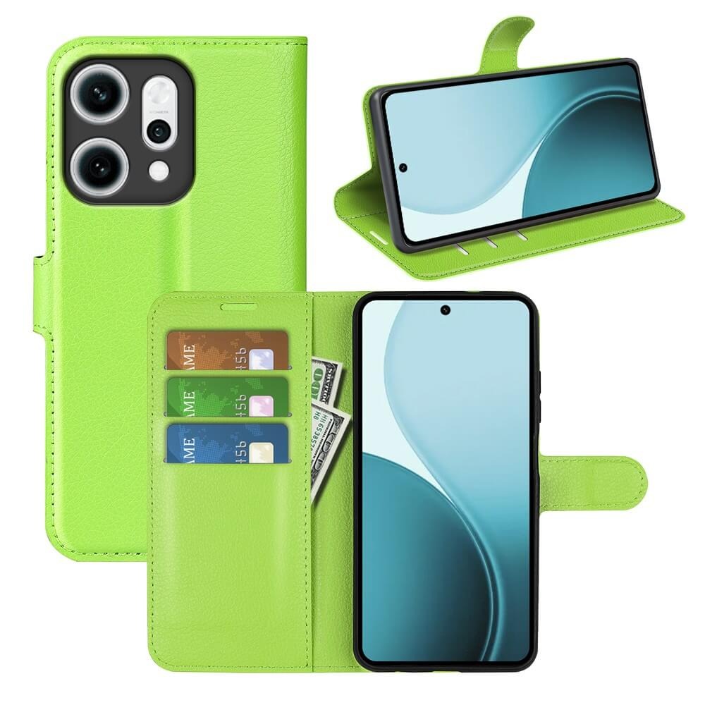Un étui portefeuille vert pour téléphone, avec fentes pour cartes et argent. Un téléphone est montré.