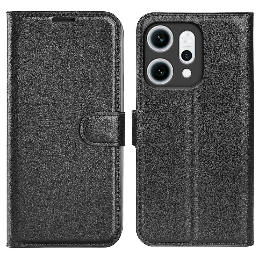 Étui portefeuille en cuir noir avec découpe pour appareil photo à droite.