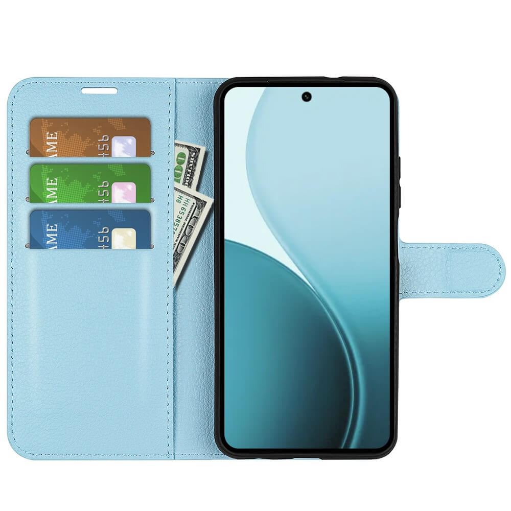 Étui de téléphone bleu clair avec trois fentes pour cartes, argent et smartphone.
