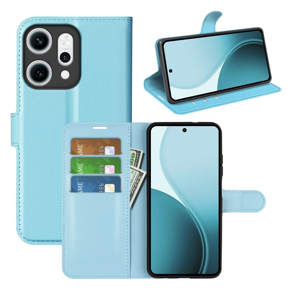 Étui portefeuille bleu clair avec téléphone, cartes et argent. L'écran du téléphone montre une forme bleue abstraite.