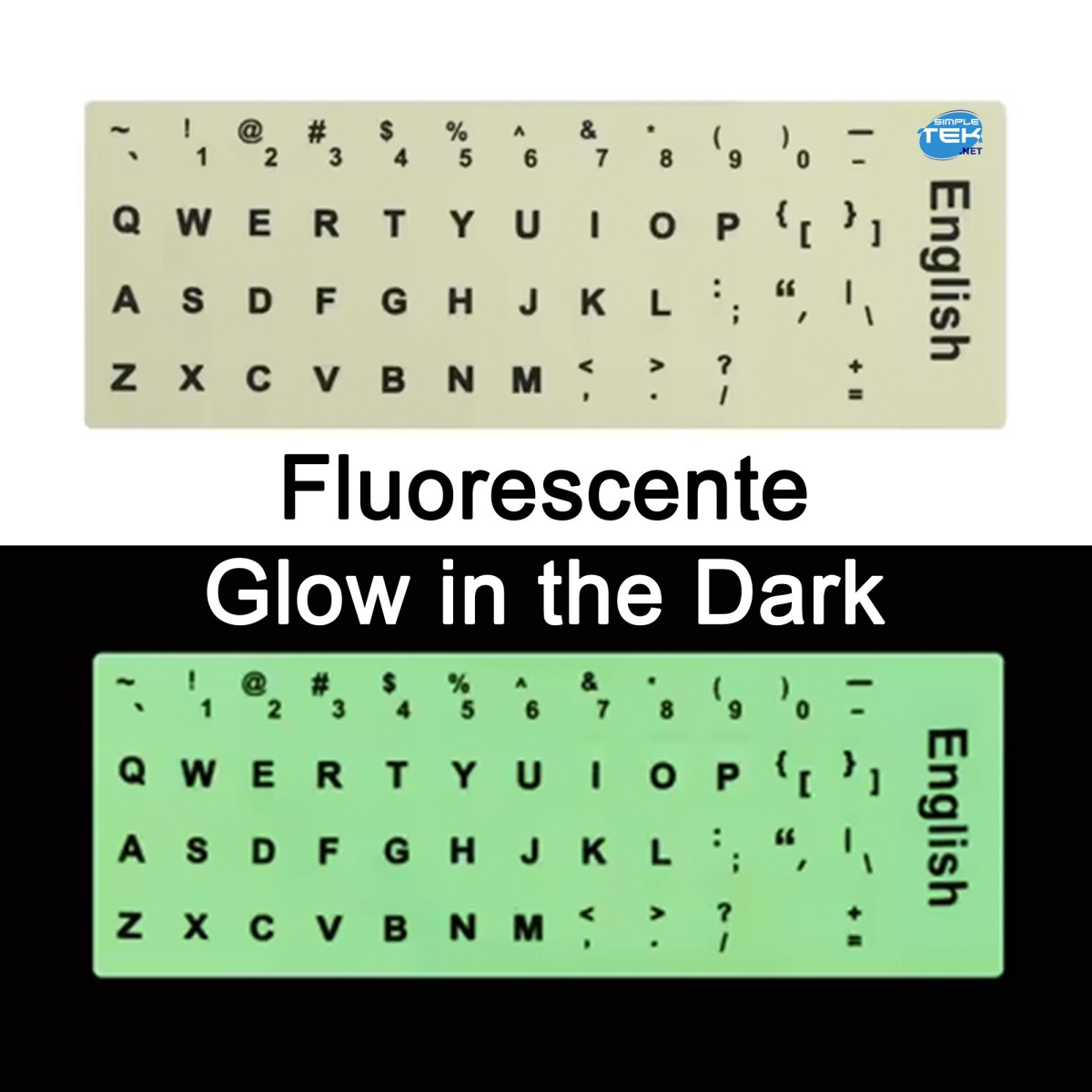 Un adesivo per tastiera fluorescente che si illumina al buio con layout inglese.