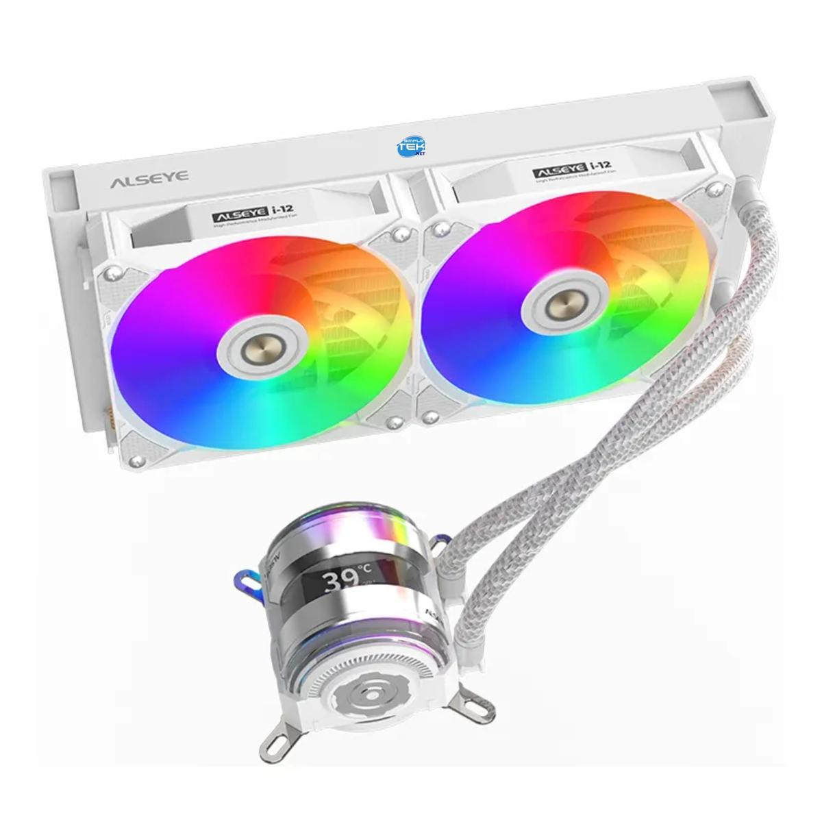 Un dissipatore per CPU bianco con due ventole RGB e un display che mostra 39°C.