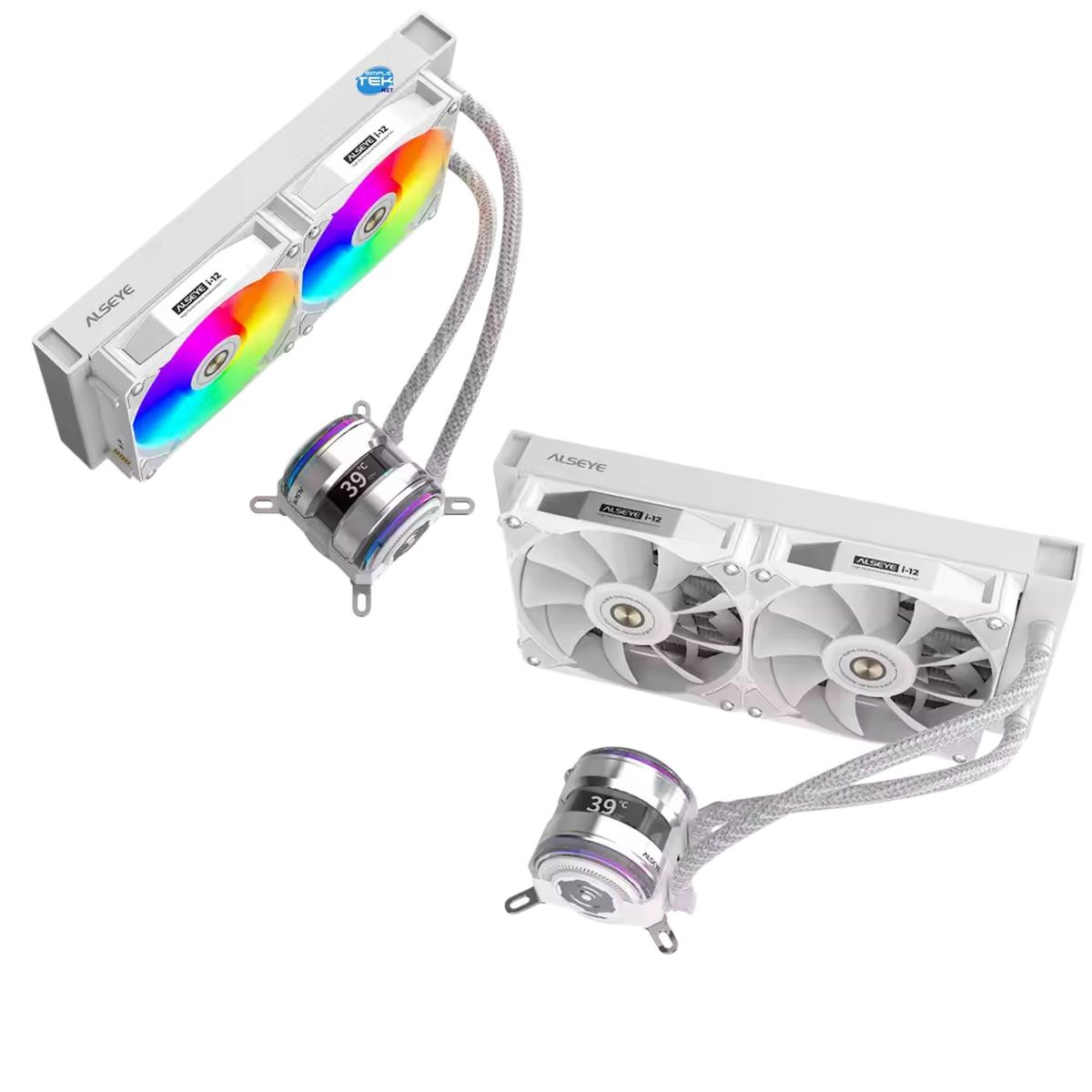 Due dissipatori CPU bianchi per computer con ventole RGB e unità pompa argentate che mostrano 39°C.