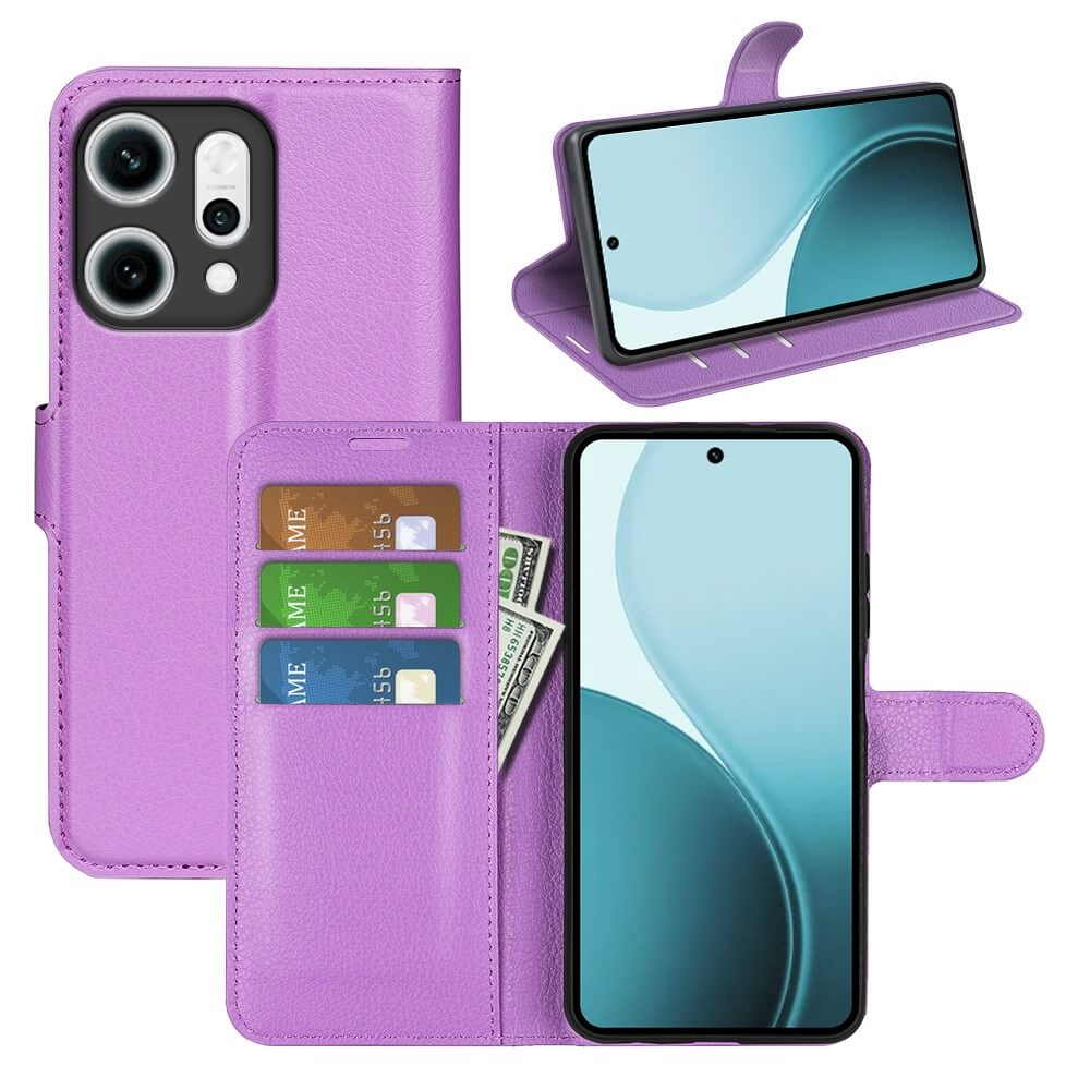 Étui de téléphone en cuir violet avec fentes pour cartes et porte-billets, vue téléphone.