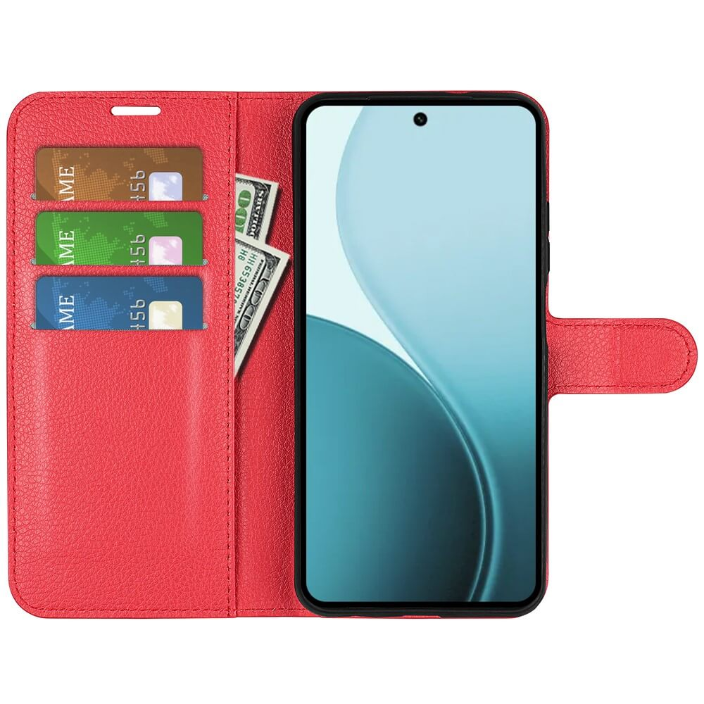 Étui portefeuille rouge avec téléphone, cartes et billet.