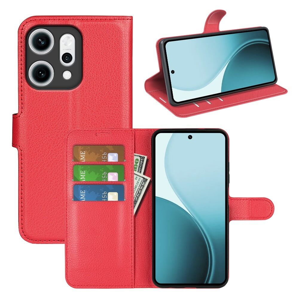 Étui portefeuille rouge pour téléphone avec cartes, argent et téléphone. L'étui ouvert montre le téléphone, les cartes et l'argent.