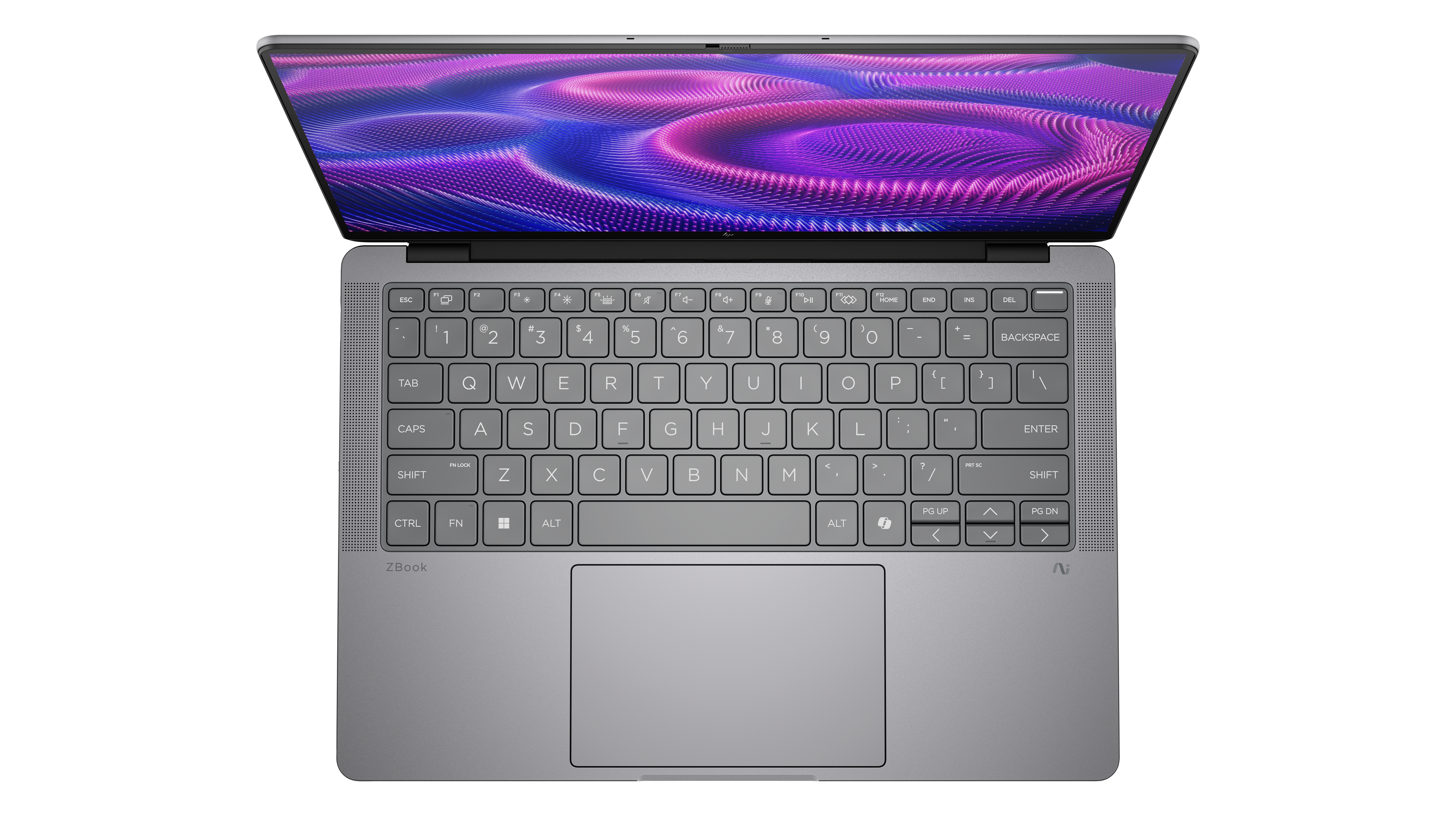 Laptop HP ZBook argento con coperchio aperto che mostra uno sfondo astratto colorato.