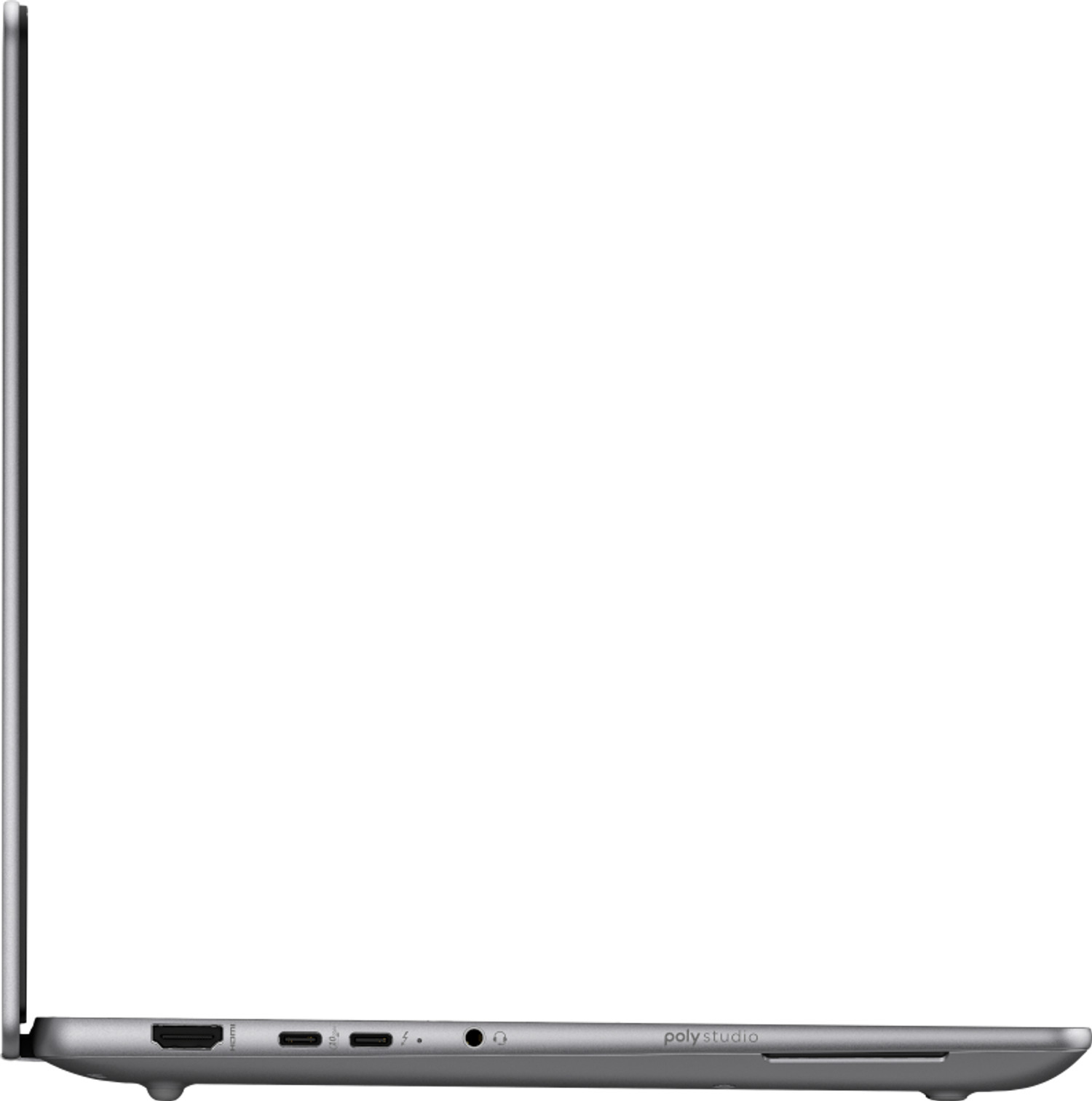 Vista laterale di un laptop argento con porte HDMI, USB-C e cuffie. Logo Poly Studio visibile.