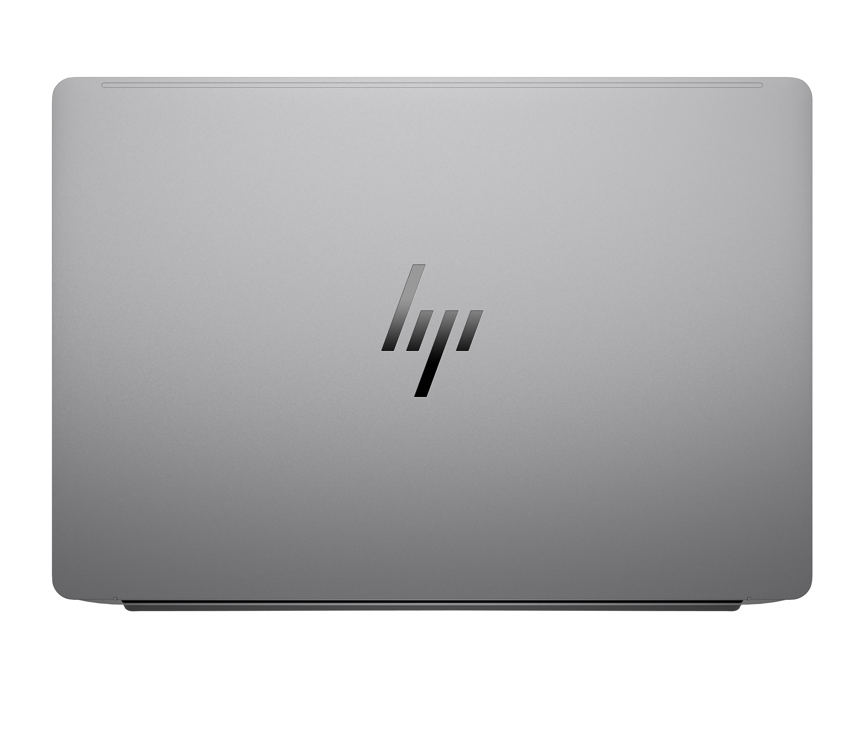 Laptop HP grigio chiuso con logo sul coperchio.