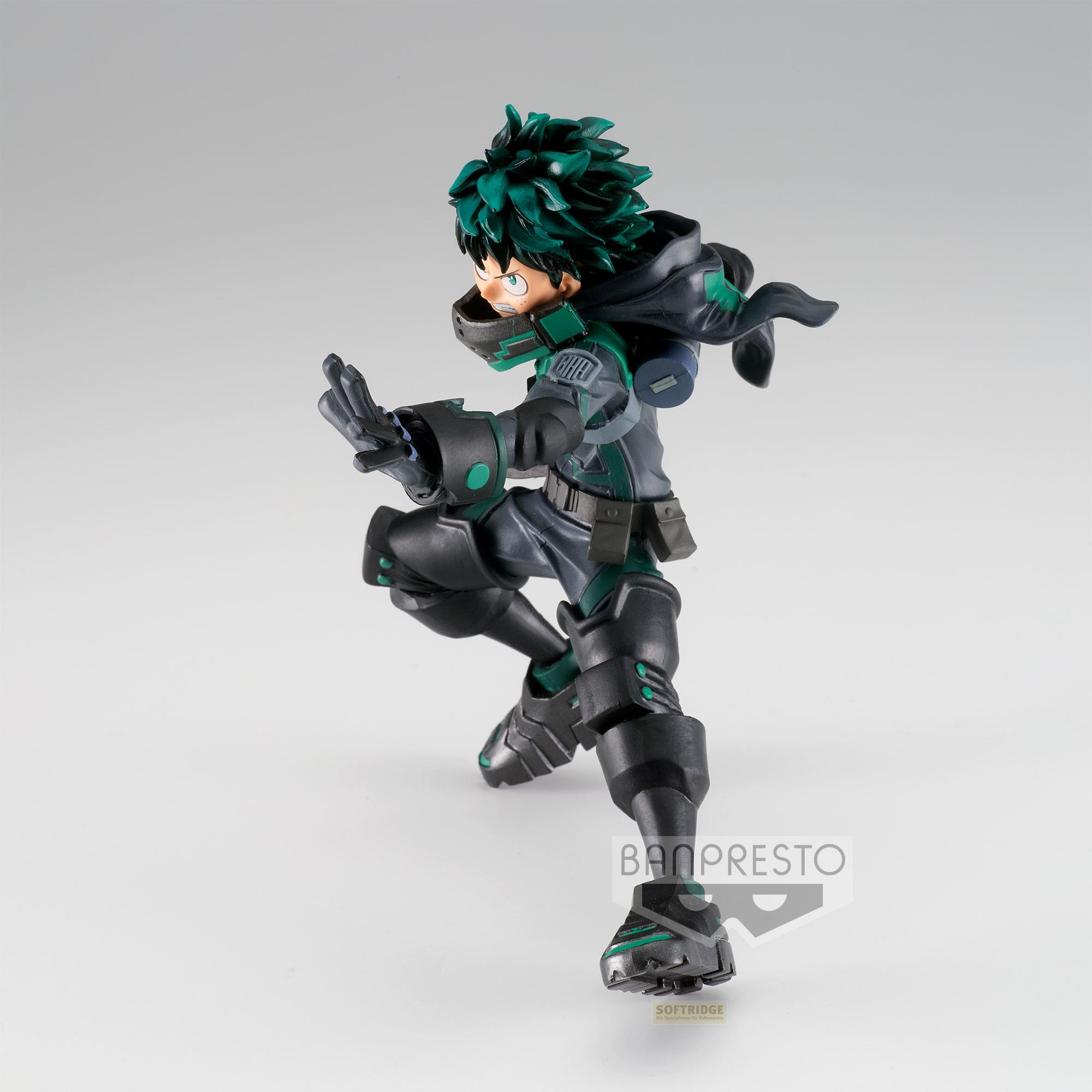 Figura de Izuku Midoriya en pose de acción, vistiendo un traje oscuro con detalles verdes.