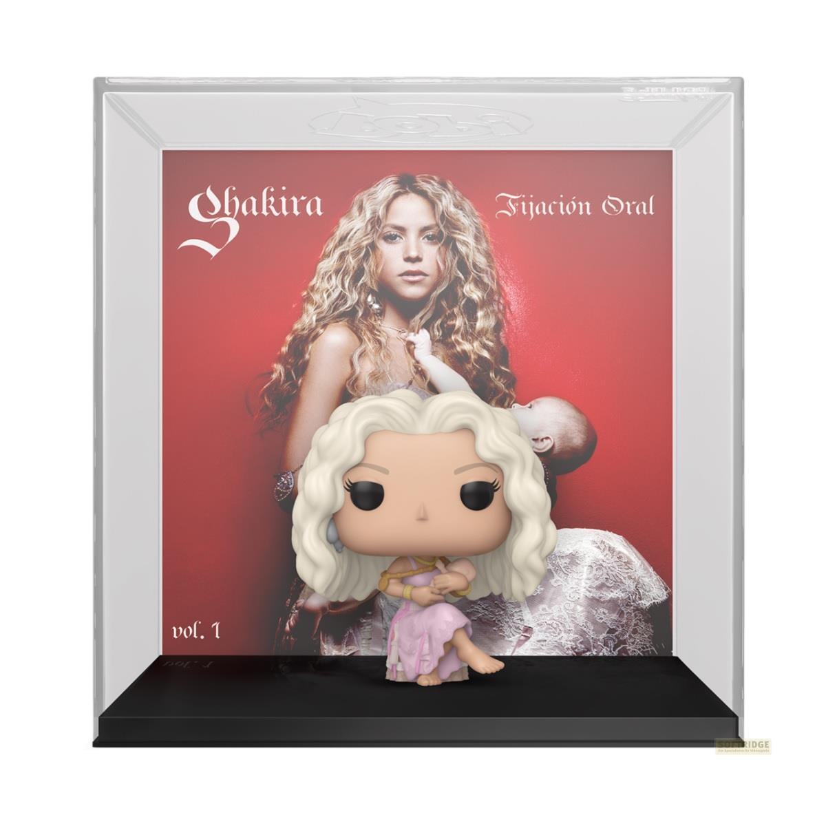 Figura Funko Pop frente a la portada del álbum Fijación Oral Vol. 1 de Shakira.