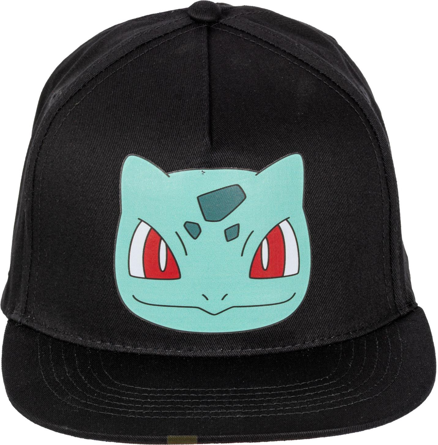 Schwarze Baseballkappe mit Bulbasaur-Gesichtsgrafik. Weißer Hintergrund.