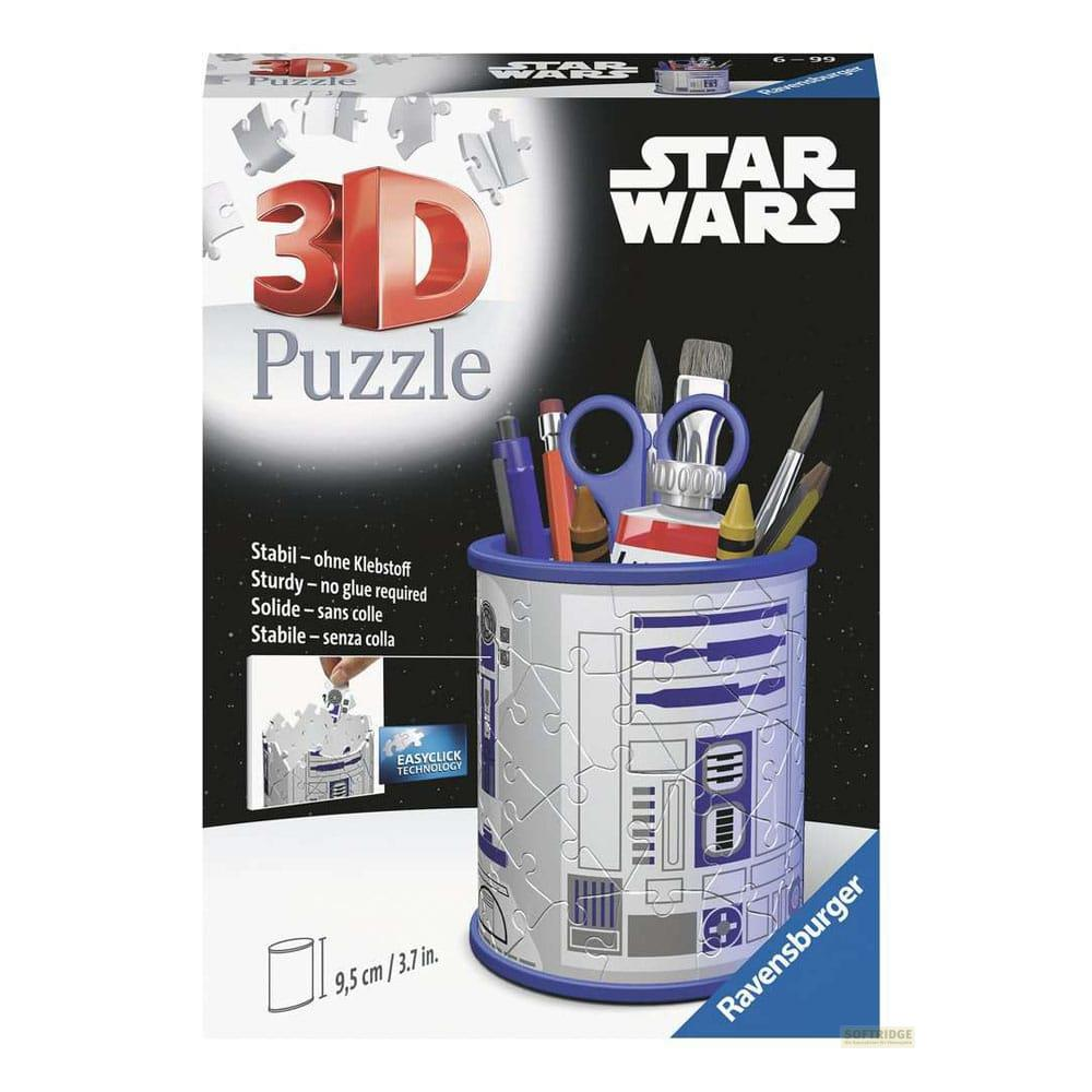 Pudełko puzzli 3D Star Wars z pojemnikiem na ołówki w kształcie R2-D2 i artykułami plastycznymi.