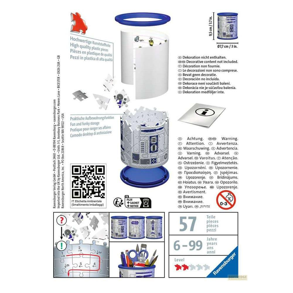 Pojemnik do przechowywania puzzli Ravensburger R2-D2 z akcesoriami i wiekiem.
