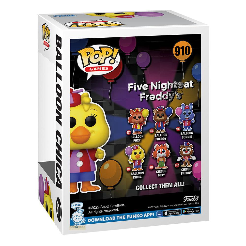 Pudełko Funko Pop z postacią Balonowej Chici i innymi z Five Nights at Freddy's.