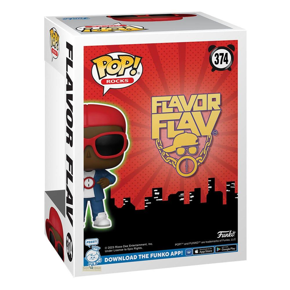 Pudełko Funko Pop! Flavor Flav z czerwoną czapką, okularami, niebieską kurtką i logo Funko.