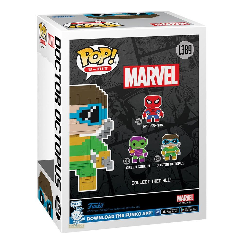 Caja Funko Pop 8-Bit Marvel con figuras de Doctor Octopus, Spider-Man y Green Goblin.