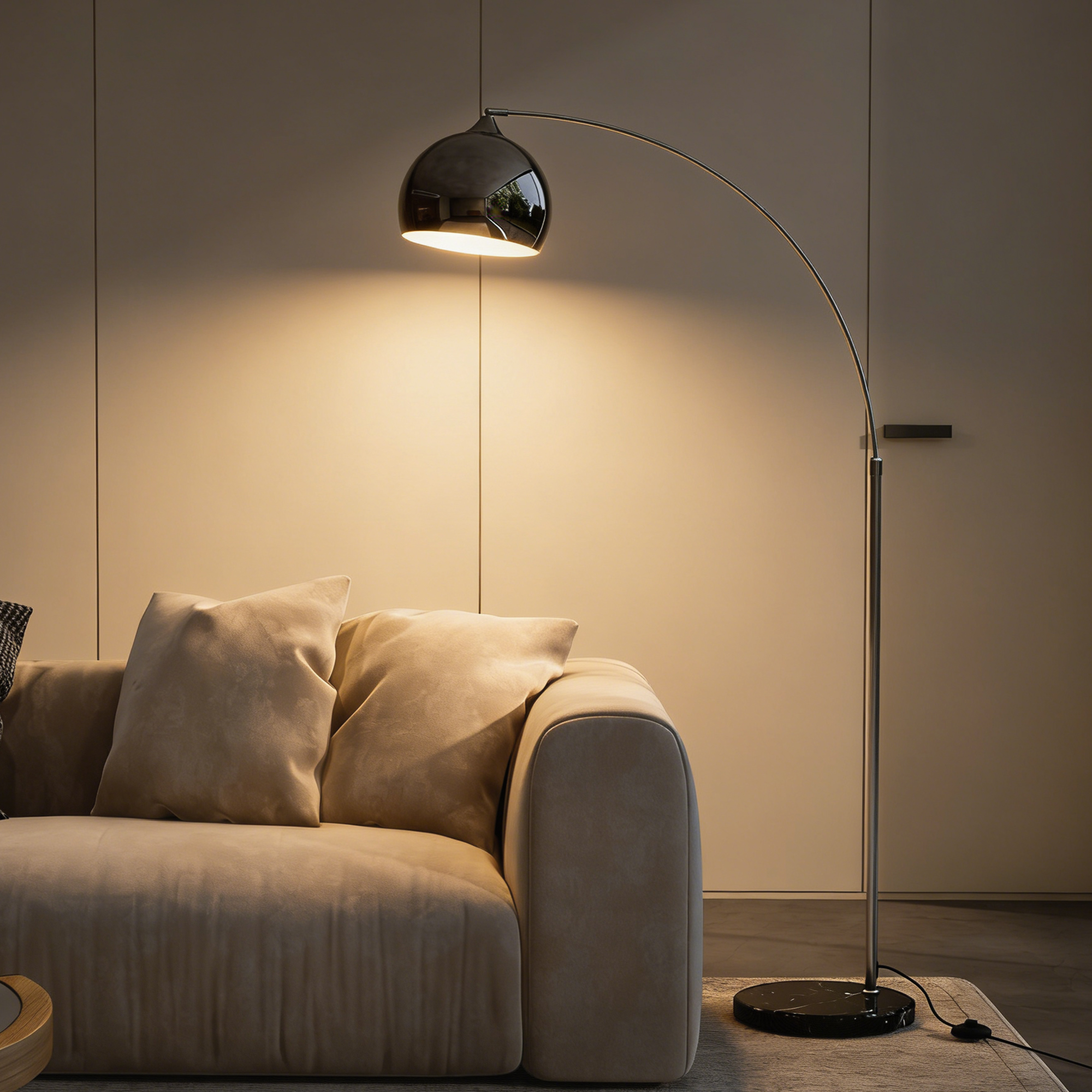 Un divano beige con cuscini accanto a una moderna lampada da terra ad arco con paralume scuro.