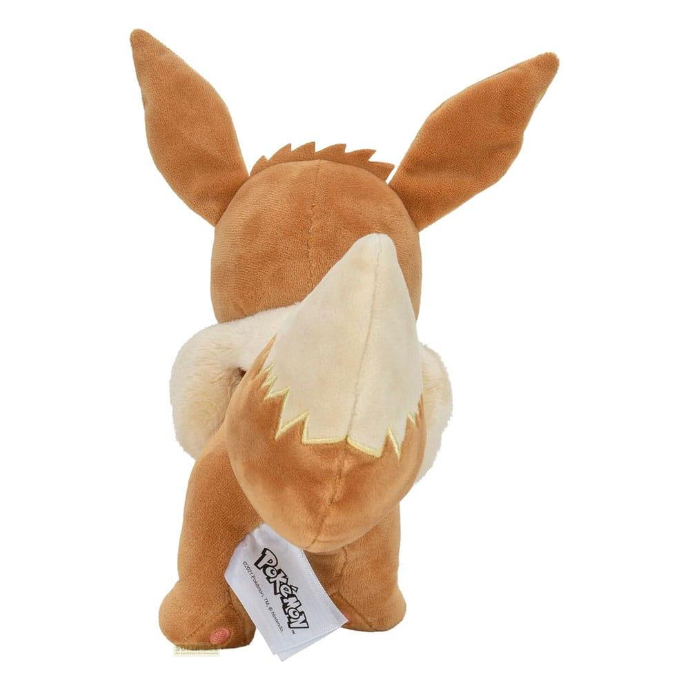 Ein braunes Evoli-Plüschtier mit großen Ohren und einem flauschigen Schwanz, von hinten gezeigt.