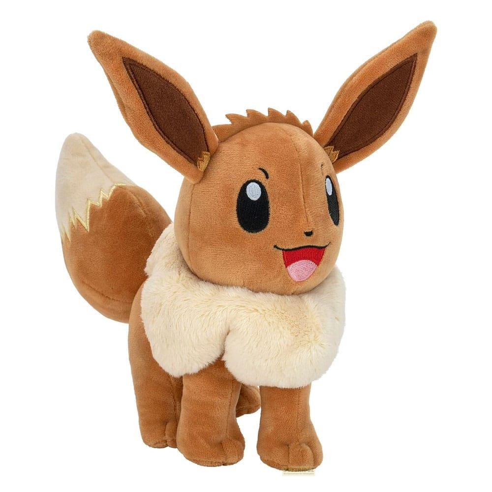 Ein braunes Evoli Plüschtier mit großen Ohren, einem flauschigen Kragen und herausgestreckter Zunge.