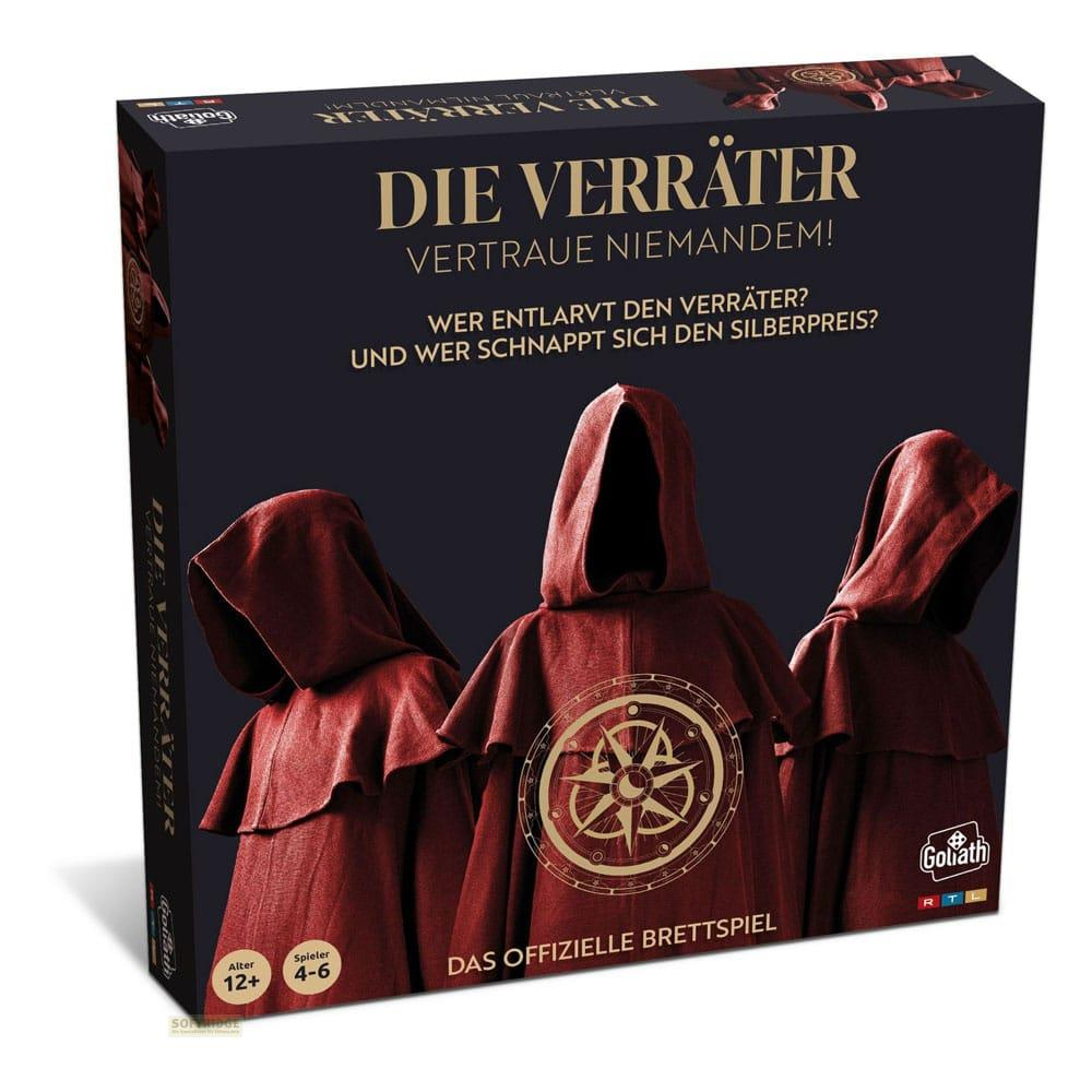 Gioco da tavolo "Die Verräter" con tre figure in mantelli rossi con cappuccio e simbolo di bussola.
