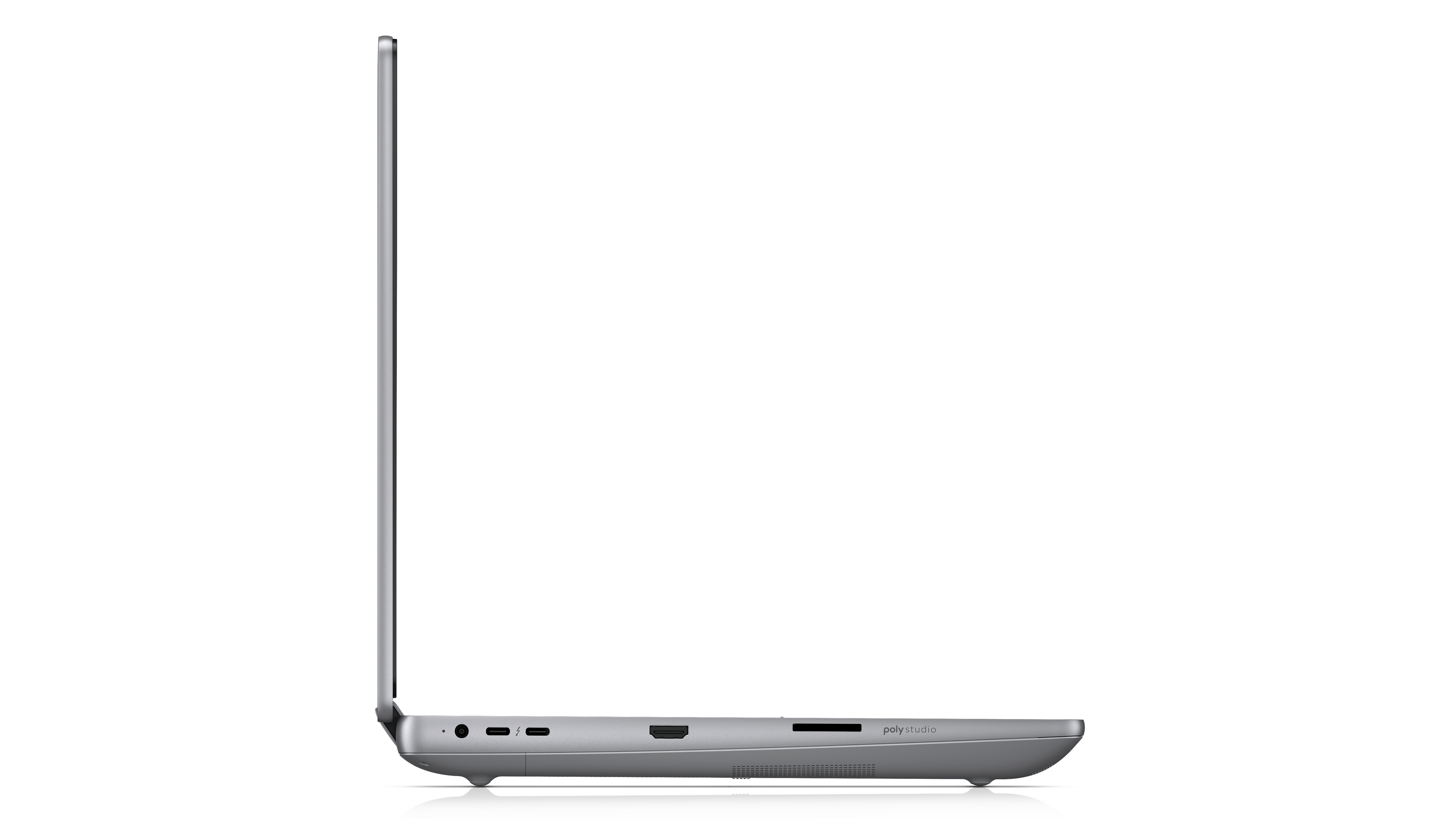 Vista laterale di un laptop argento che mostra porte come USB-C e HDMI.