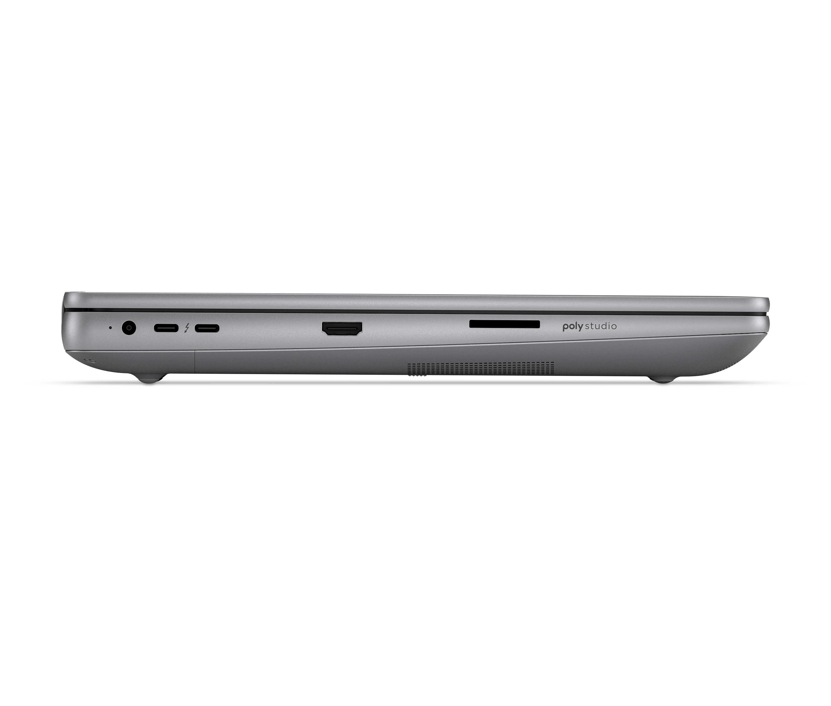 Scocca grigia del laptop con porte: alimentazione, 2x USB-C, HDMI, lettore schede SD.