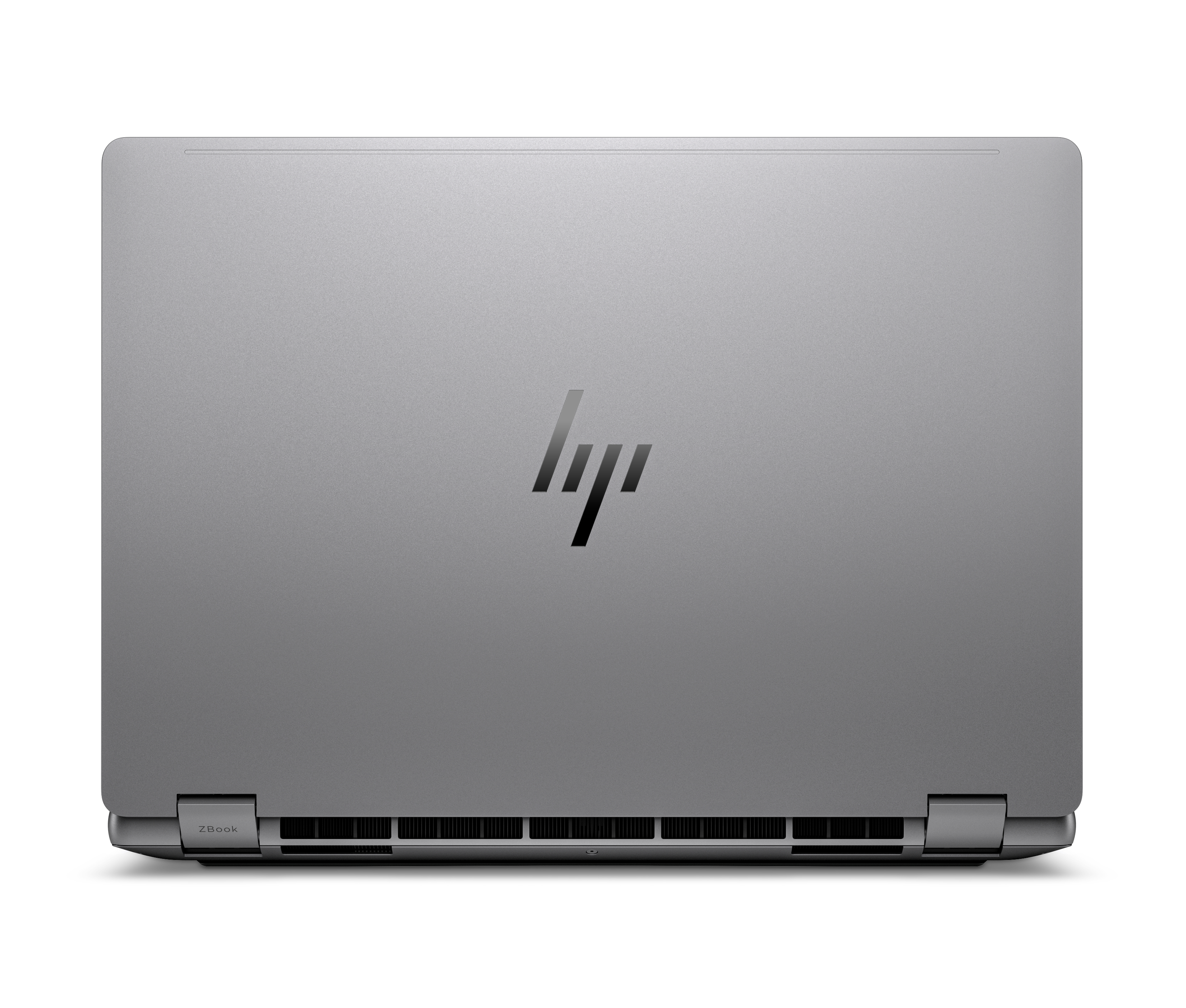 Un laptop HP ZBook grigio chiuso con logo sul coperchio e prese d'aria sul retro.