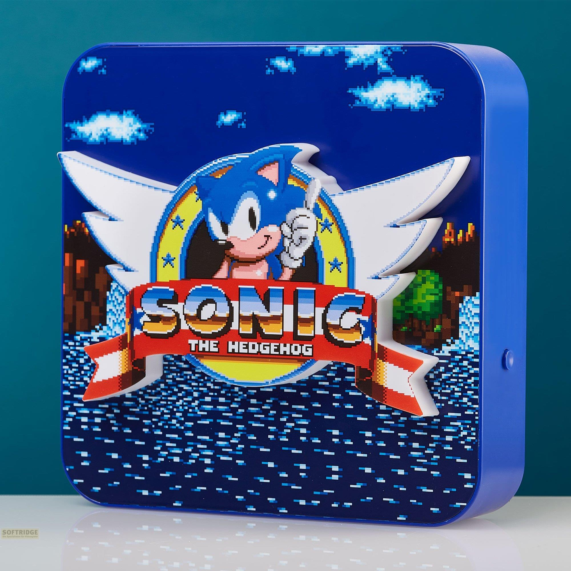 Sonic the Hedgehog 3D Sega Genesis Logo mit pixeligem Hintergrund und Wolken.