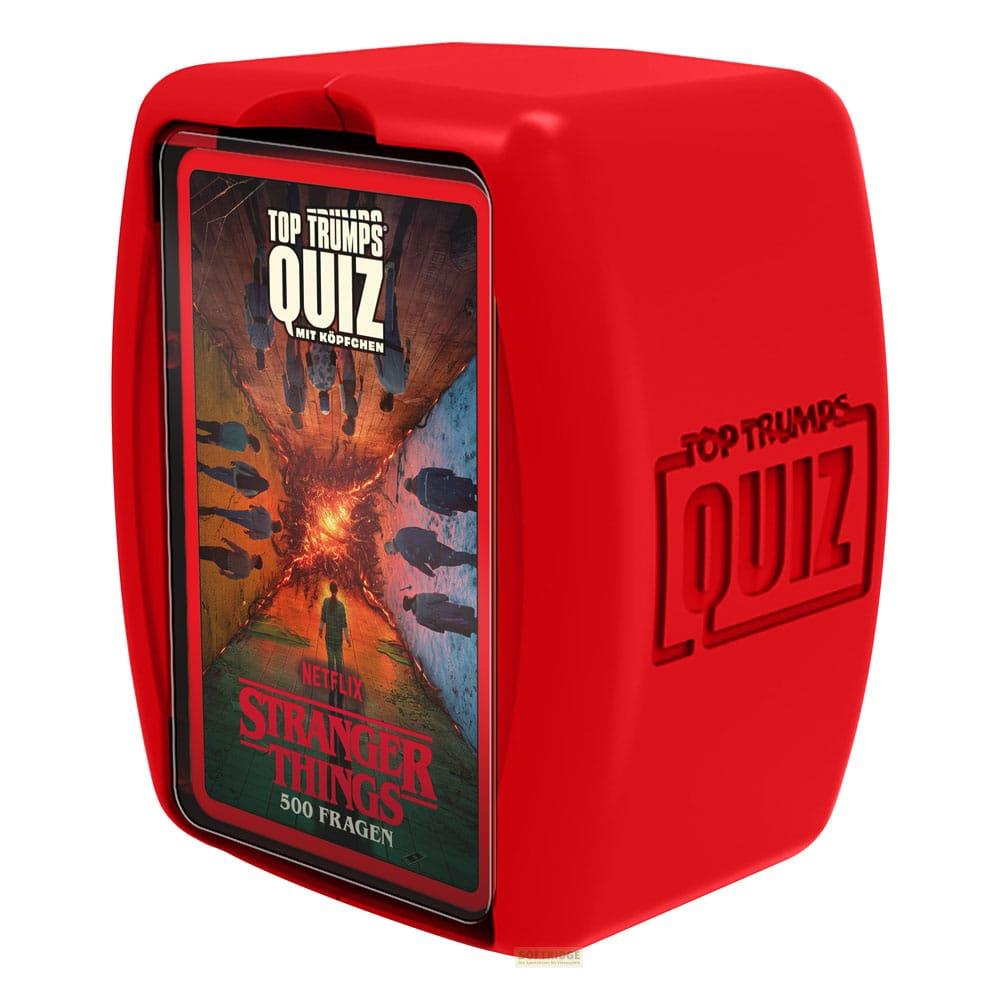 Rote Top Trumps Quiz Box mit Stranger Things Artwork und geprägtem Logo.