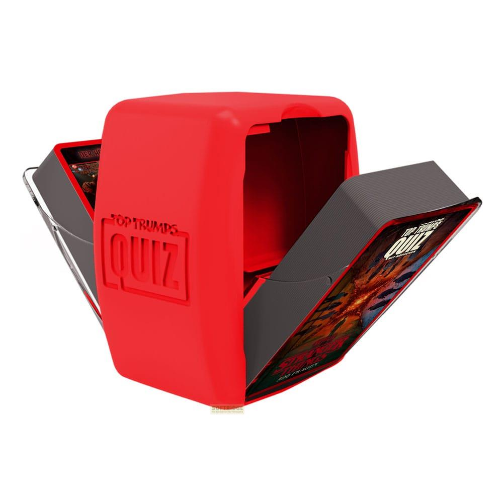 Rote Top Trumps Quiz-Spielkartenbox mit gezeigten Karten.