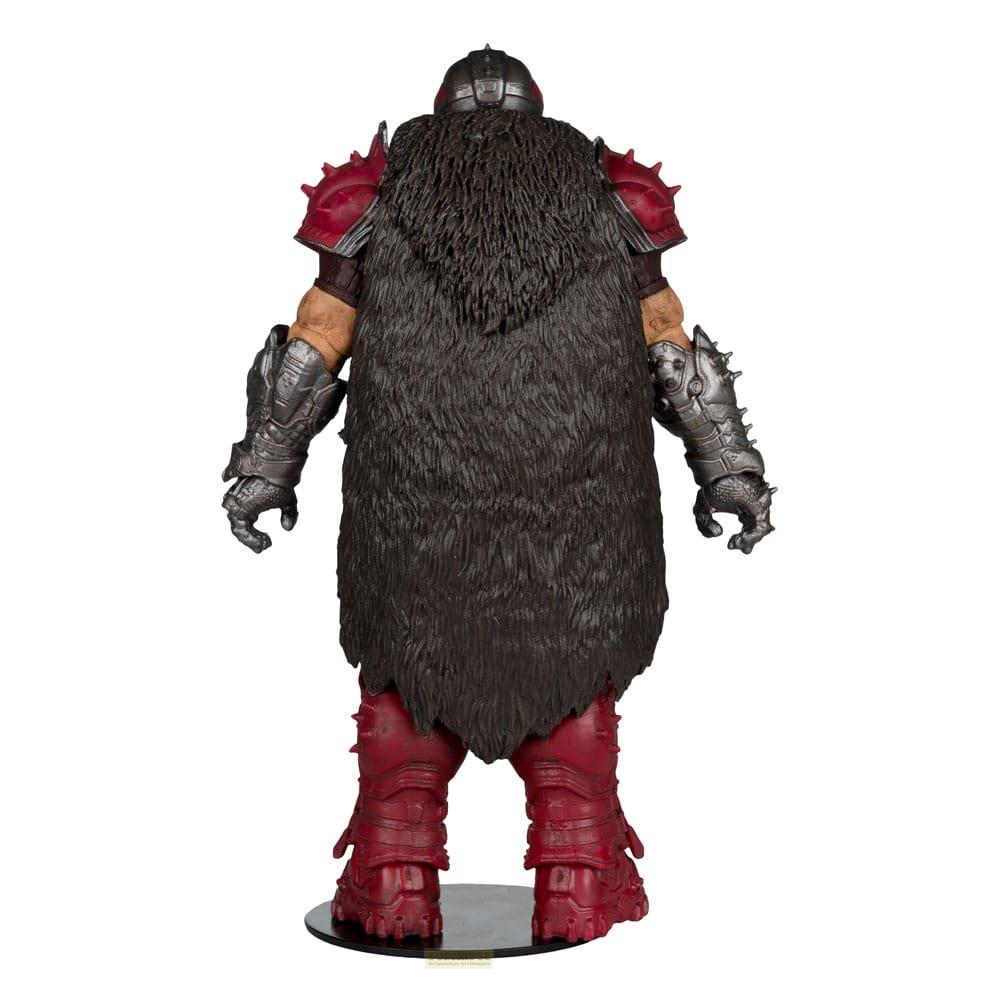 Eine Actionfigur von hinten mit pelziger Kapuze, roter Rüstung und Metallhandschuhen.