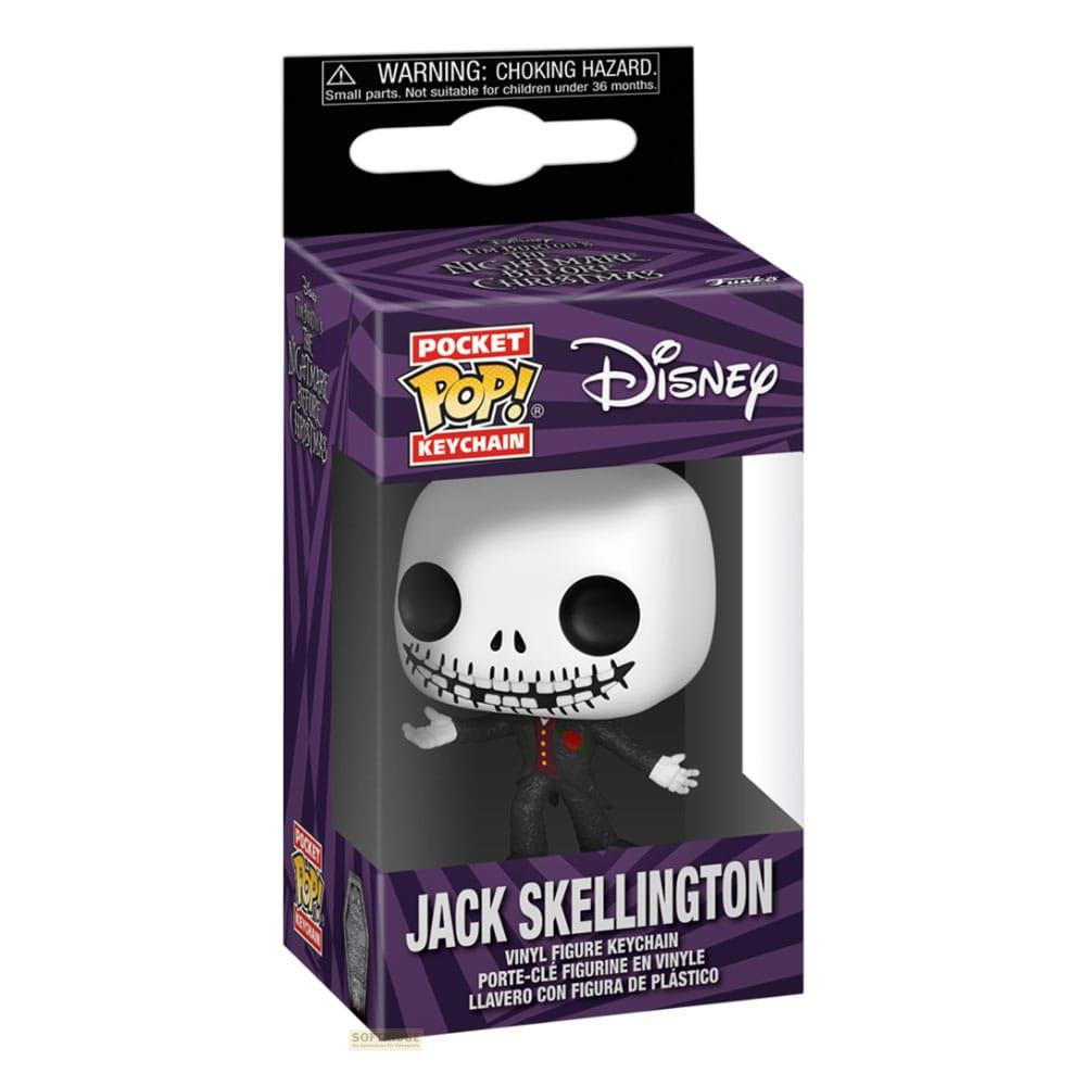 Portachiavi Jack Skellington Pocket Pop! nella sua scatola, con etichetta di avviso.