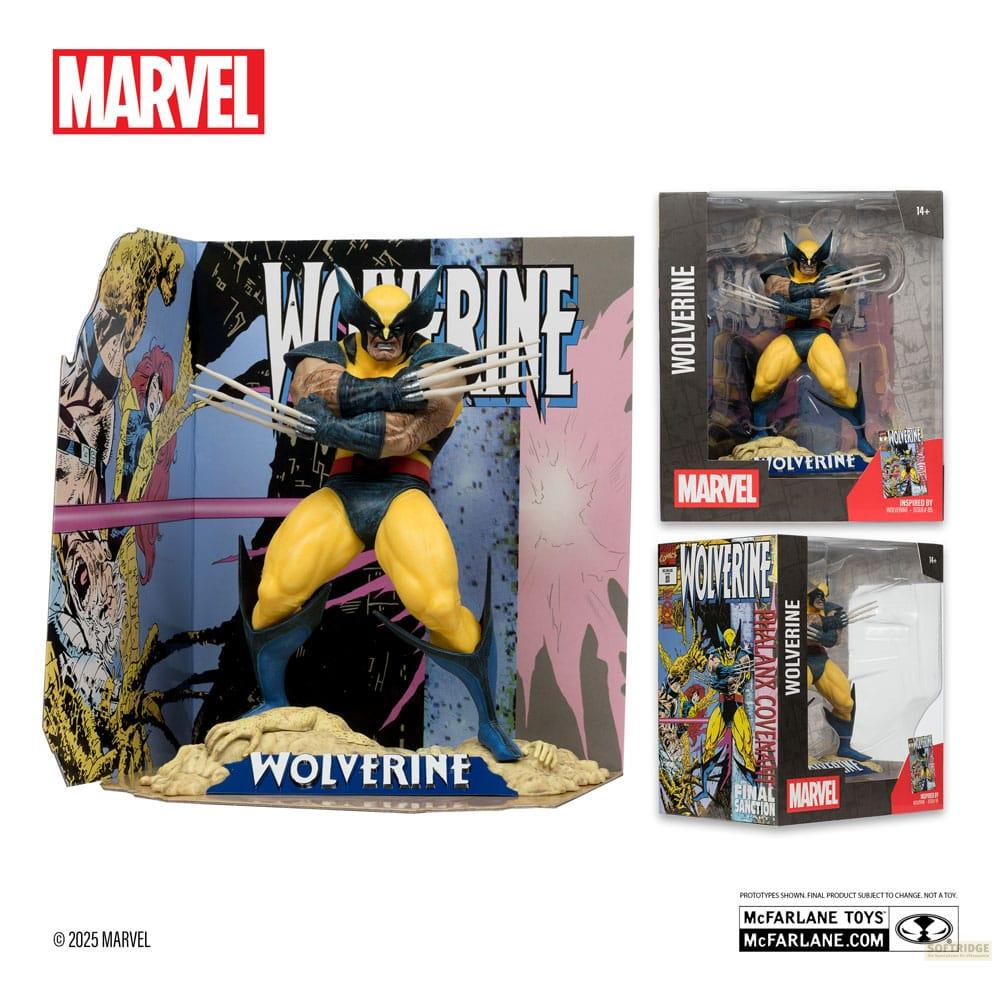 Wolverine-Figur in Verpackung und Ausstellungszene. Marvel-Logo.