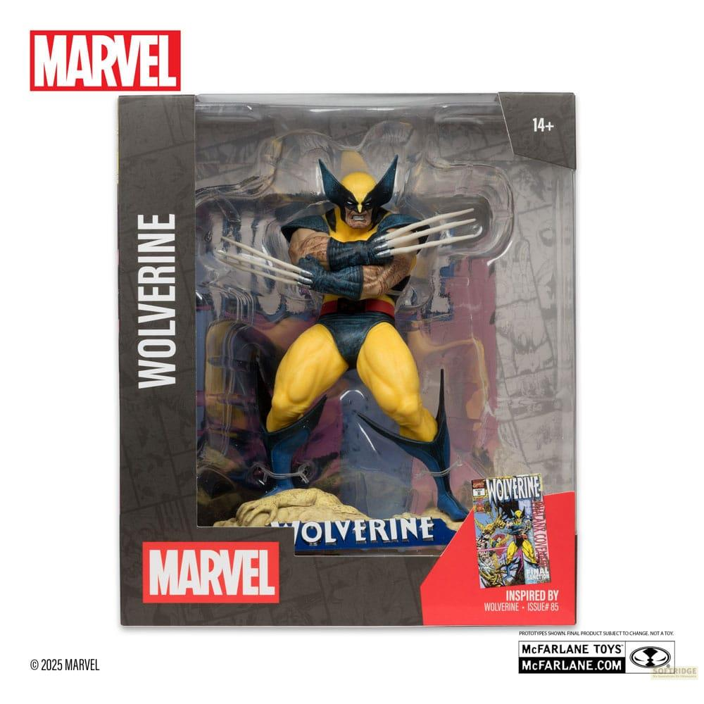 Wolverine-Actionfigur in Box-Verpackung, trägt gelben und blauen Anzug mit Krallen.