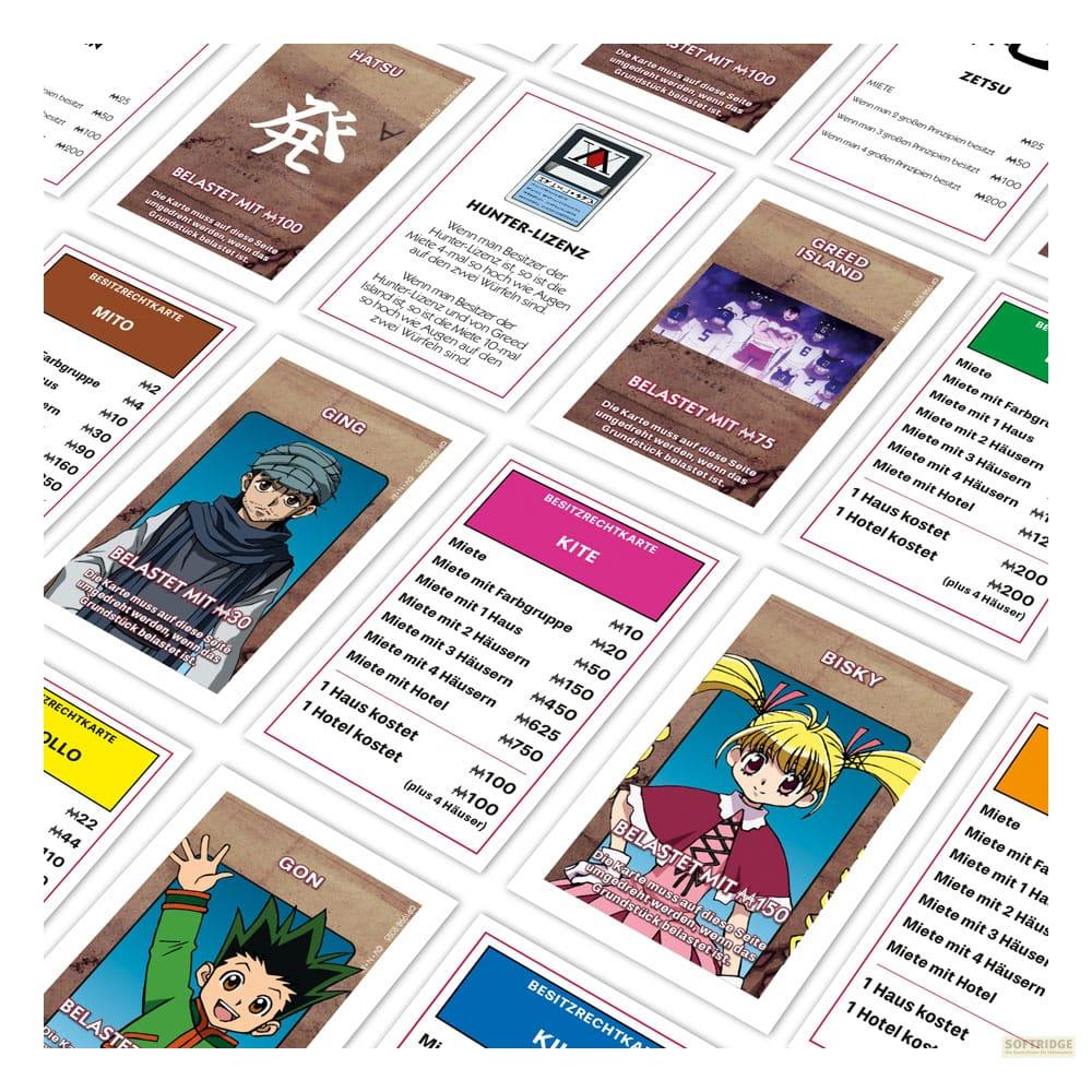 Monopoly-Karten mit Charakteren aus Hunter x Hunter in Deutsch.