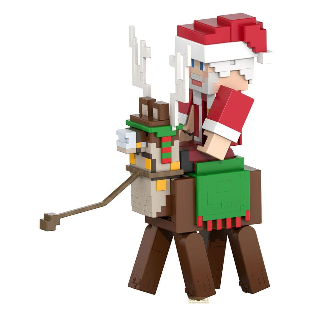 Pixeliger Weihnachtsmann reitet auf einem pixeligen Rentier mit Geweih, trägt roten Hut und Anzug.