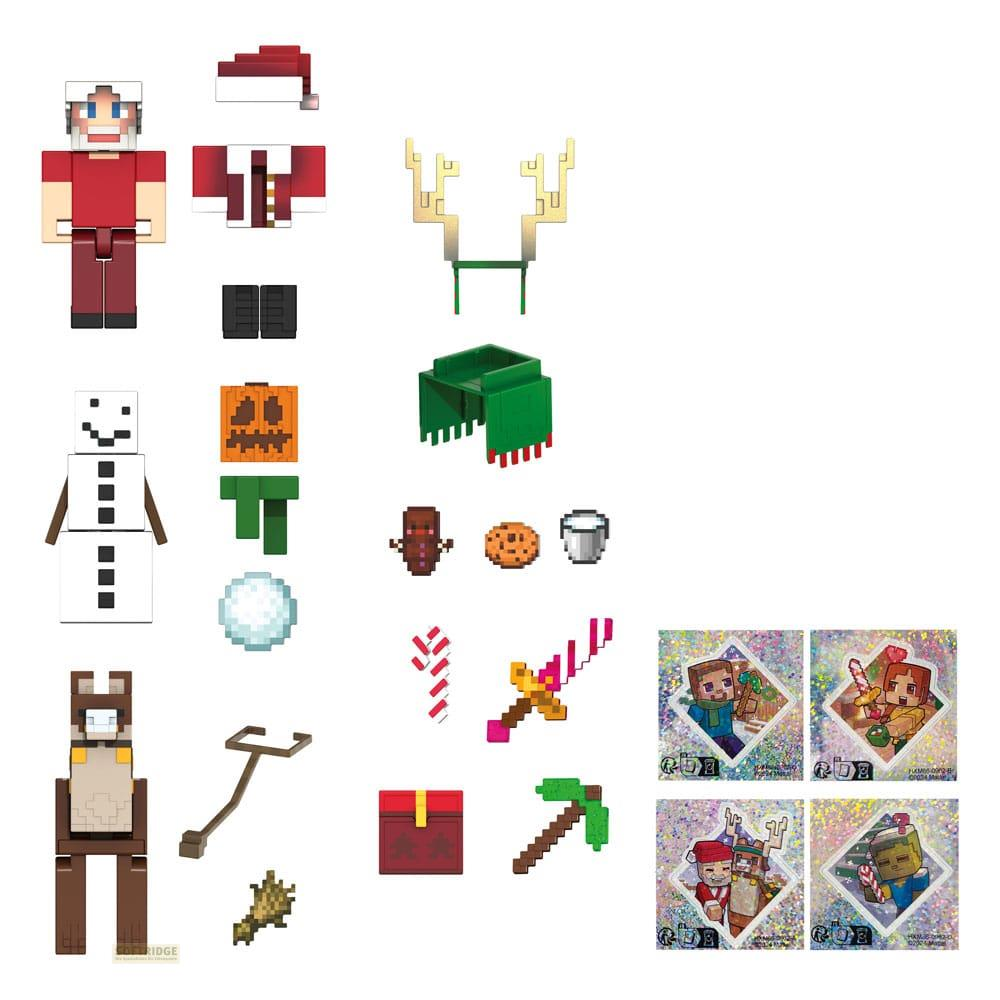 Minecraft Weihnachtsartikel: Nikolausfigur, Schneemann, Rentiergeweih, Schal, Keks, Eimer, Truhe, Spitzhacke, Karten.
